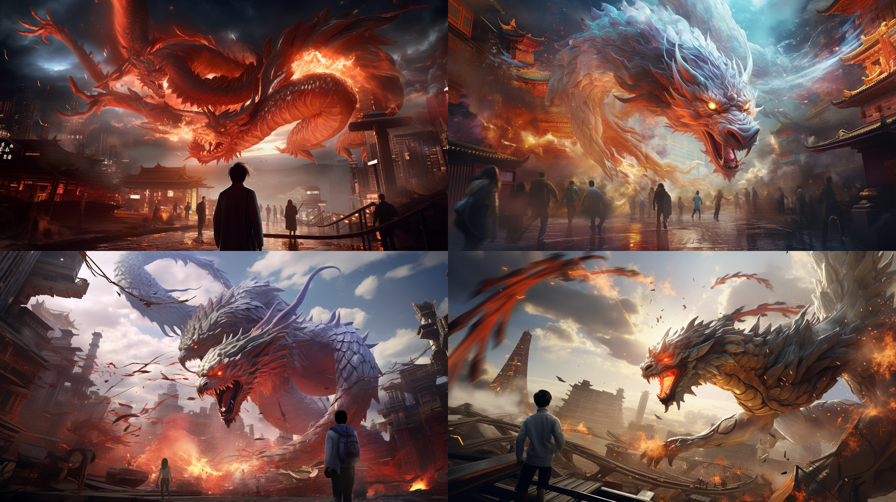 山海经九尾狐与蛟龙大战，空中激战，人类仰望，未来科技城，虚拟现实融合，科幻风格，16k分辨率，超现实光影，动态模糊，神秘氛围，金属质感，强烈对比，惊奇表情。