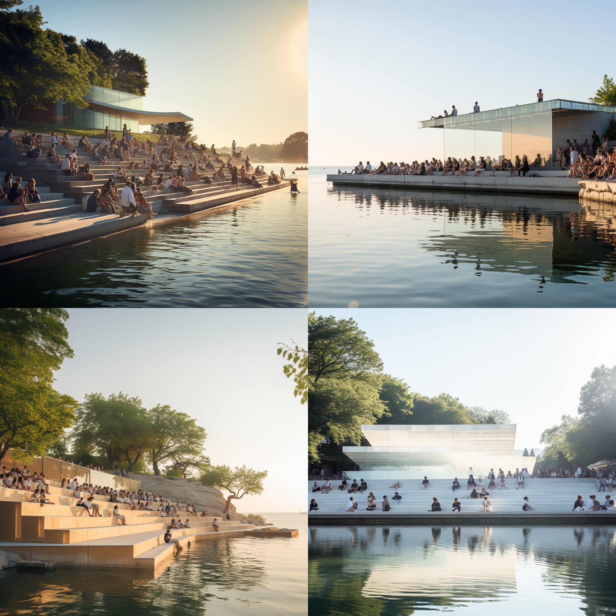 水岸边长方形看台，观众坐姿各异，面向平静水面，观看水上表演，长焦镜头，低角度，自然光，柔和色彩，静谧氛围，专注表情，构图平衡，细节丰富。