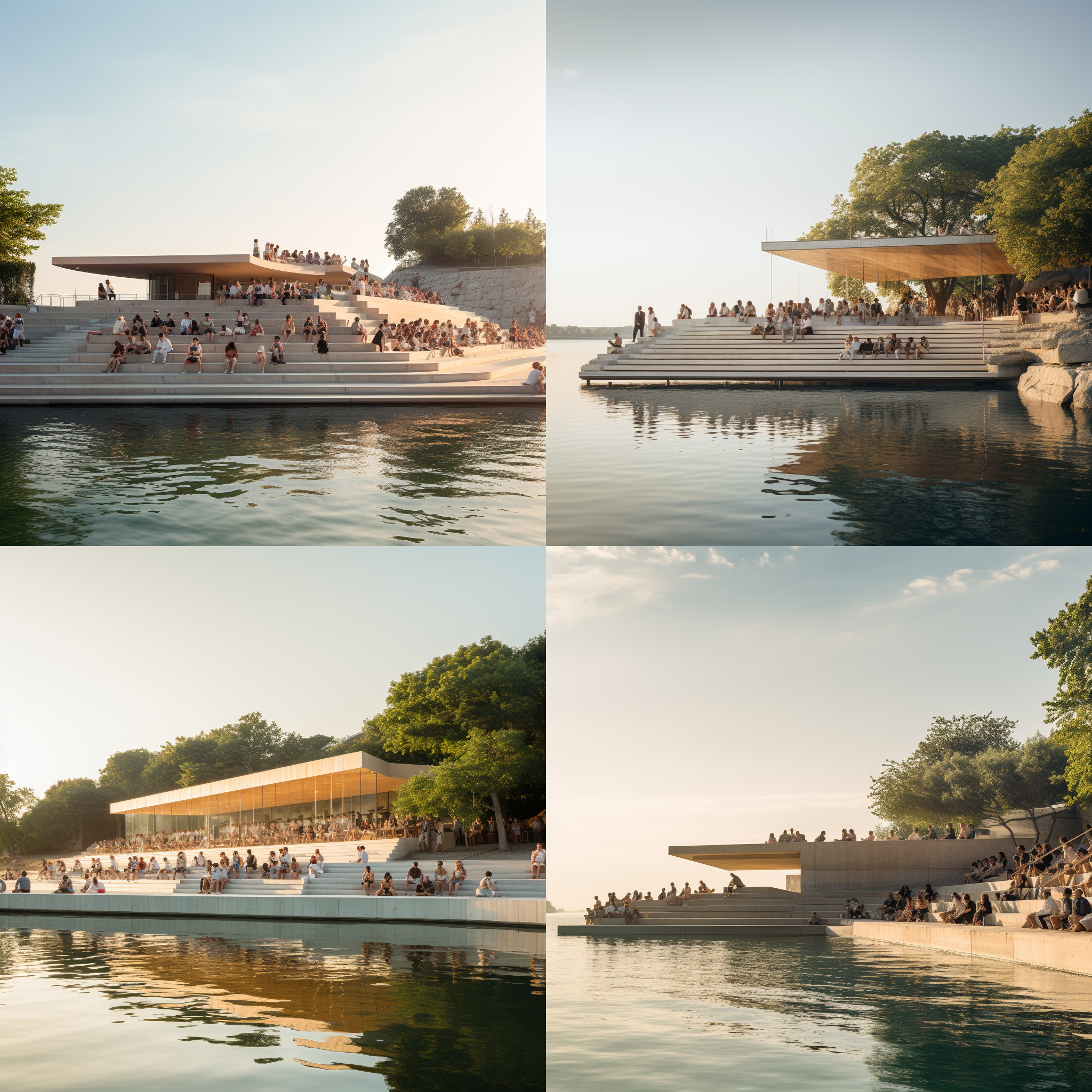 水岸边长方形看台，观众坐姿各异，面向平静水面，观看水上表演，长焦镜头，低角度，自然光，柔和色彩，静谧氛围，专注表情，构图平衡，细节丰富。