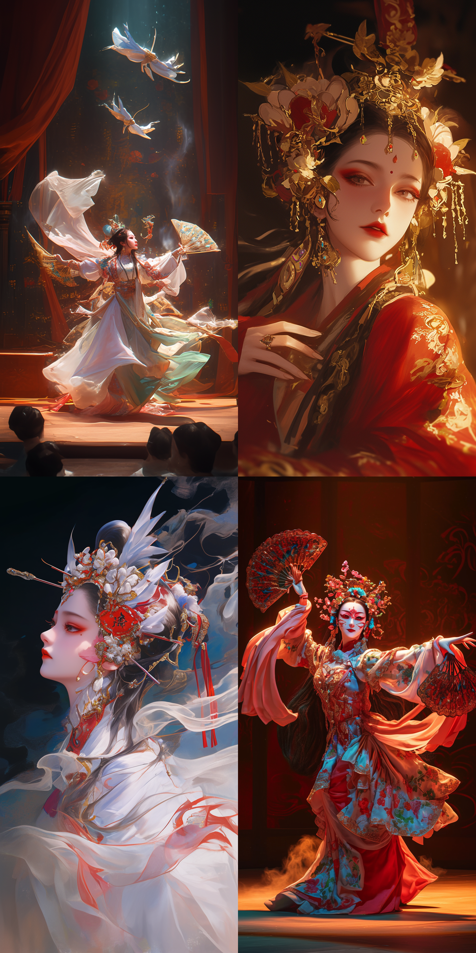 豫剧旦角多人表演，舞台上，传统服饰，扇子，华丽头饰，精致妆容，动态舞姿，半身特写，优雅大气 侧光，柔焦，舞台烟雾，低角度，快门速度，传统氛围，表情丰富，光影交错，高饱和度，典雅，极致细节，cg。