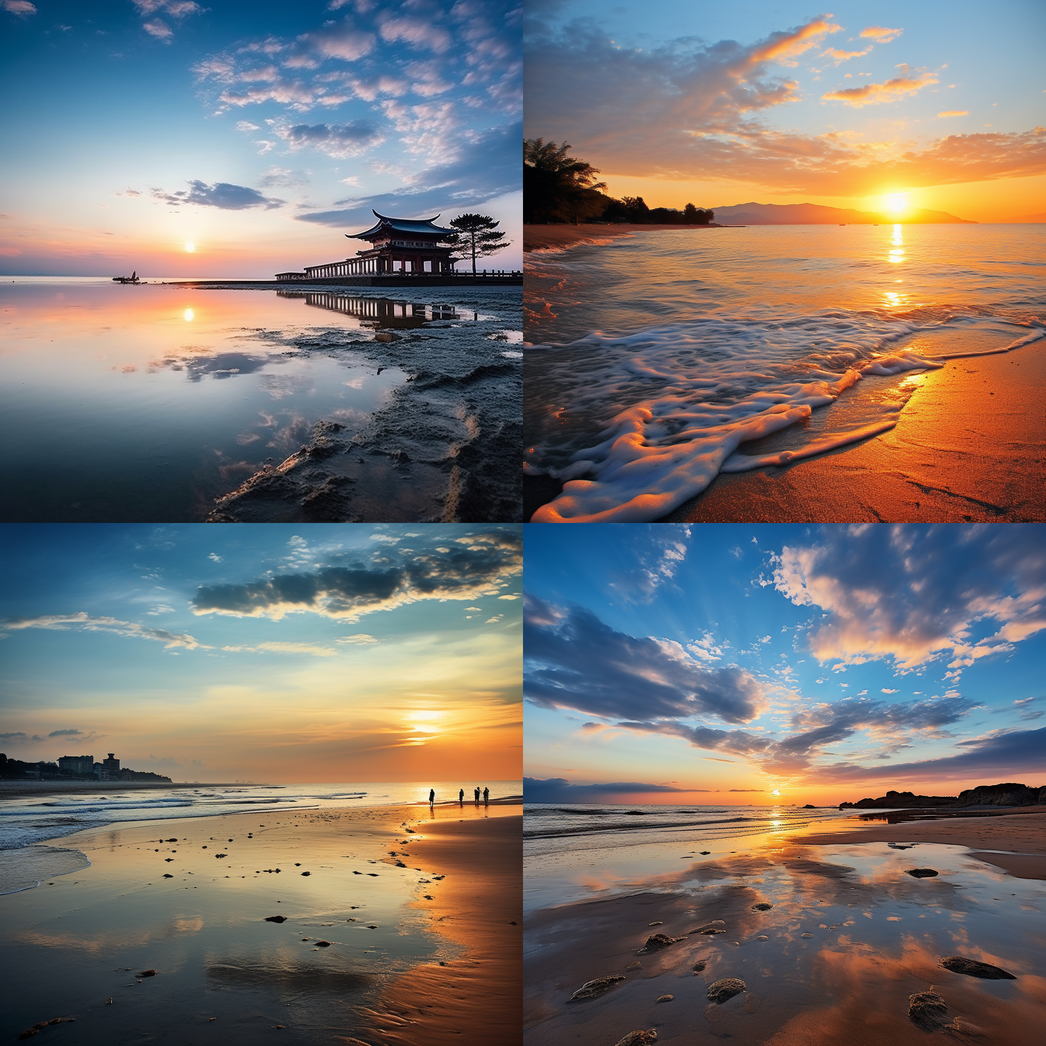 青晨海滩，太阳初升，晨光微露，轻风拂面，人物静立，远眺海平线，自然风光，宁静氛围，长曝光，柔和光线，广角镜头，低饱和度，温暖色调，平静表情。