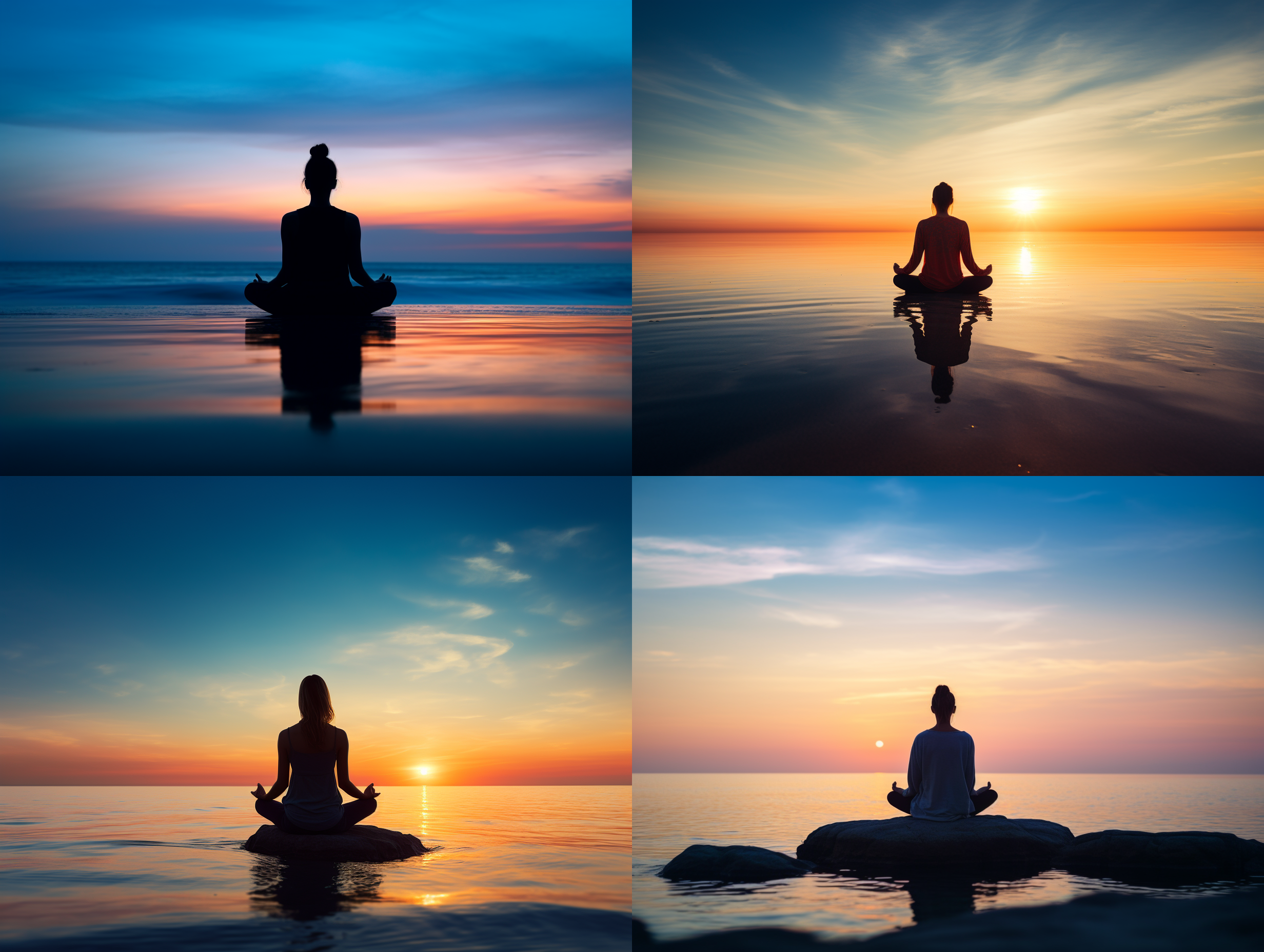 海边日出打坐，剪影效果，宁静背景，低角度拍摄，柔和晨光，长曝光，静态，深蓝与橙红渐变，内心平和。