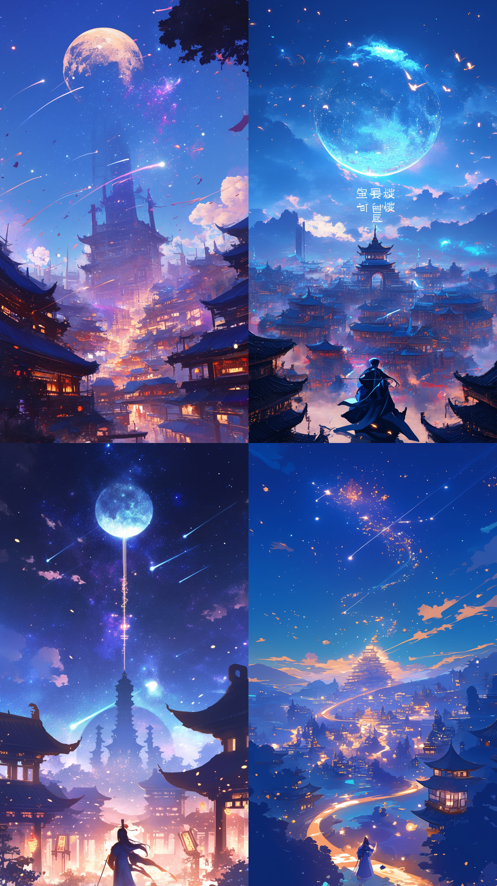 唐朝的建筑，古风建筑，闪烁的星星，浩瀚无边，流星划过天际，星座形成图案，闪耀的月亮投下阴影，祥和宁静的气氛，梦幻飘渺的风格