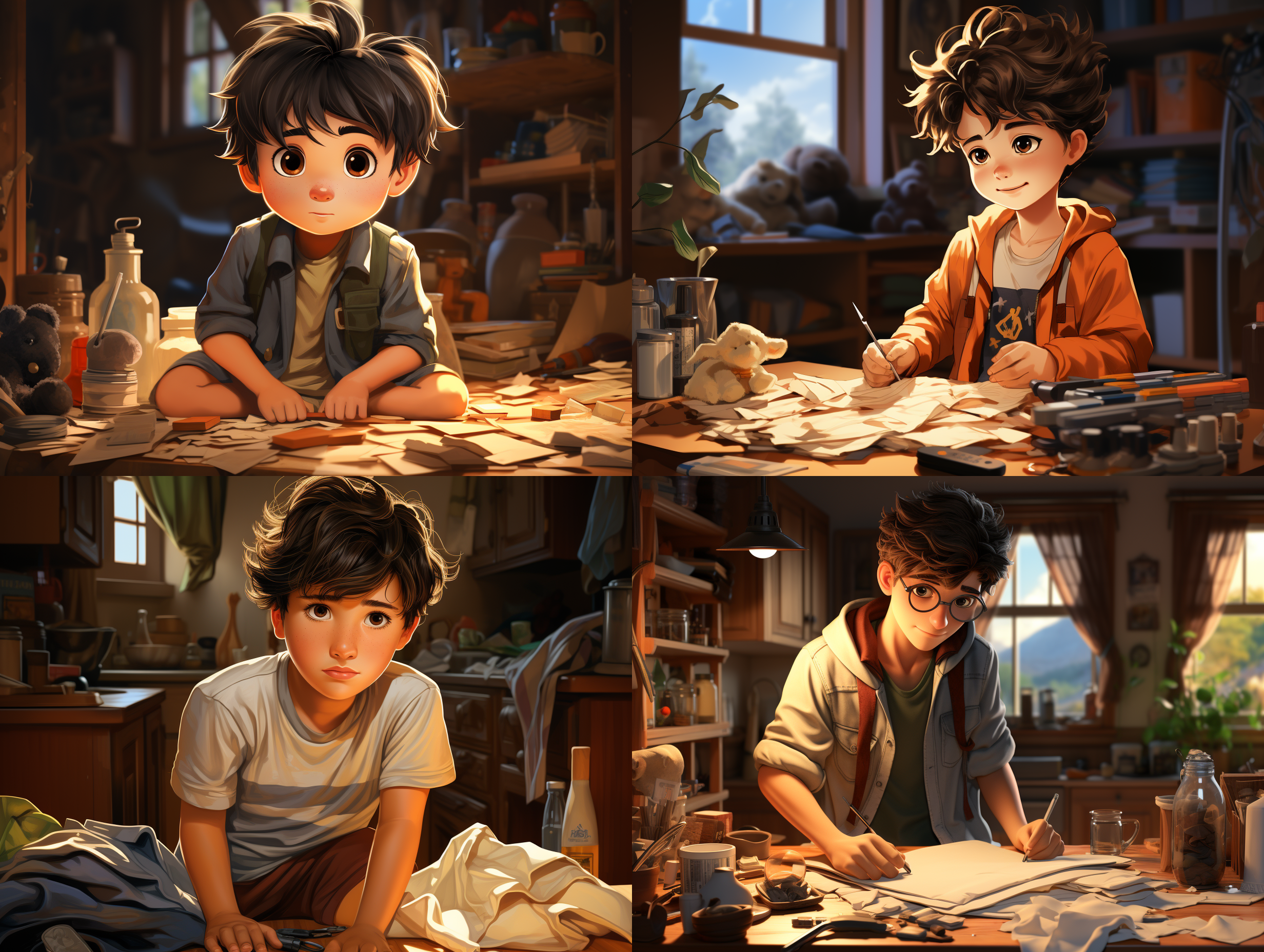 素描彩铅风格，亚洲男孩做家务，温馨家居，3d真实人物，c4d渲染，全身中远景，高质量，微表情细腻，细节刻画，高清，柔和光线，自然色彩，静谧氛围。