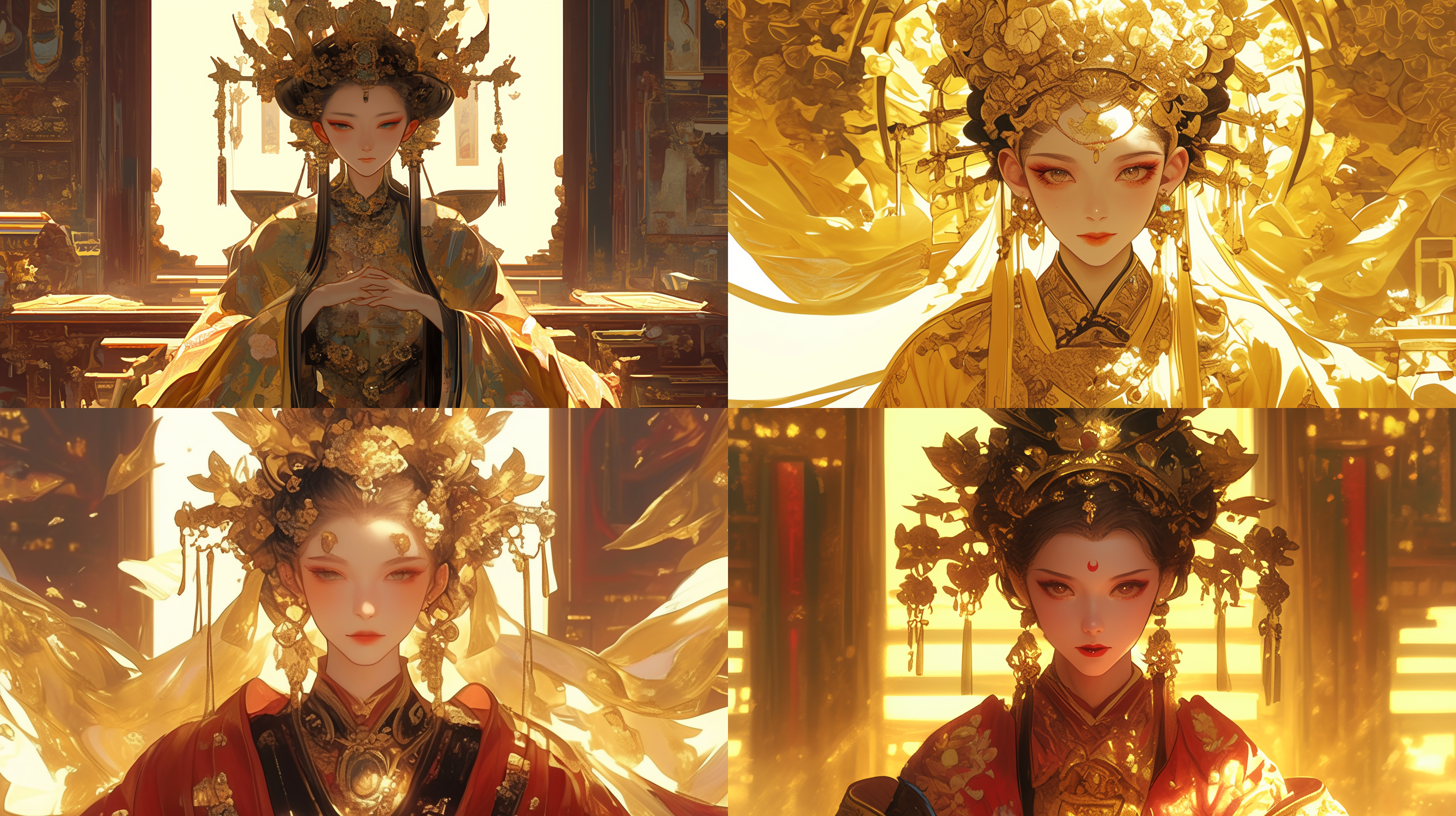 中国公主，全身像，皇宫大殿，高贵华丽服饰，华丽头饰，严肃俯瞰，对称构图，暖金色调，长焦镜头，柔和侧光，细节丰富，庄重，尊贵。