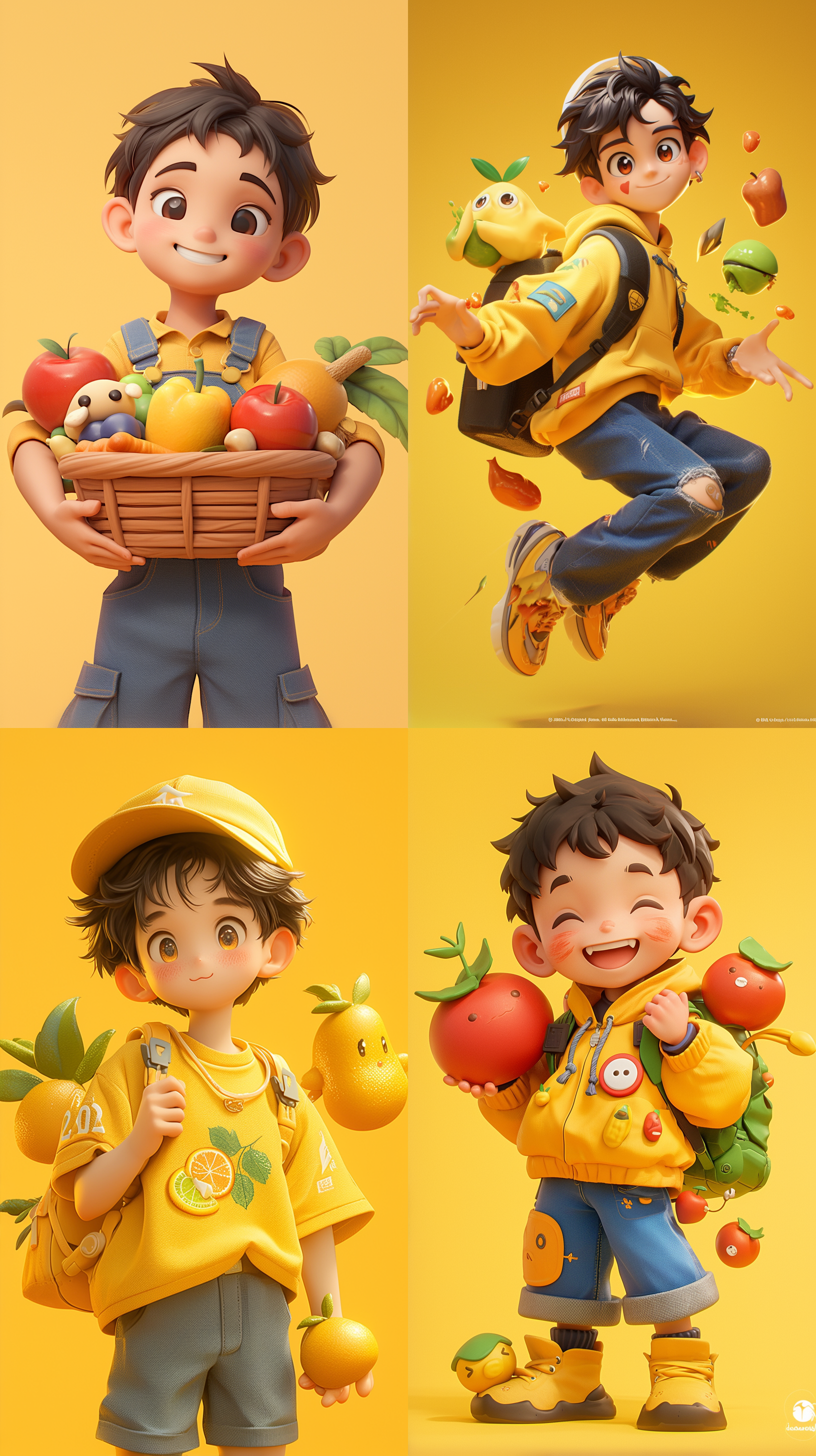topic: cute boy with black hair and yellow clothes action: holding various fruits, striking dynamic poses background: yellow background design requirements: detailed character design, full-body visible style: cartoon ip style, highly dynamic color scheme: soft color palette technical details: created using 3d modeling software c4d, ultra-high quality ultra hd 8k resolution elements: fruit elements, tech-inspired, fruit and vegetable decorations, fruit weapons view: 3d modeling view software: c4d resolution: ultra hd 8k reference style: pixar animation style