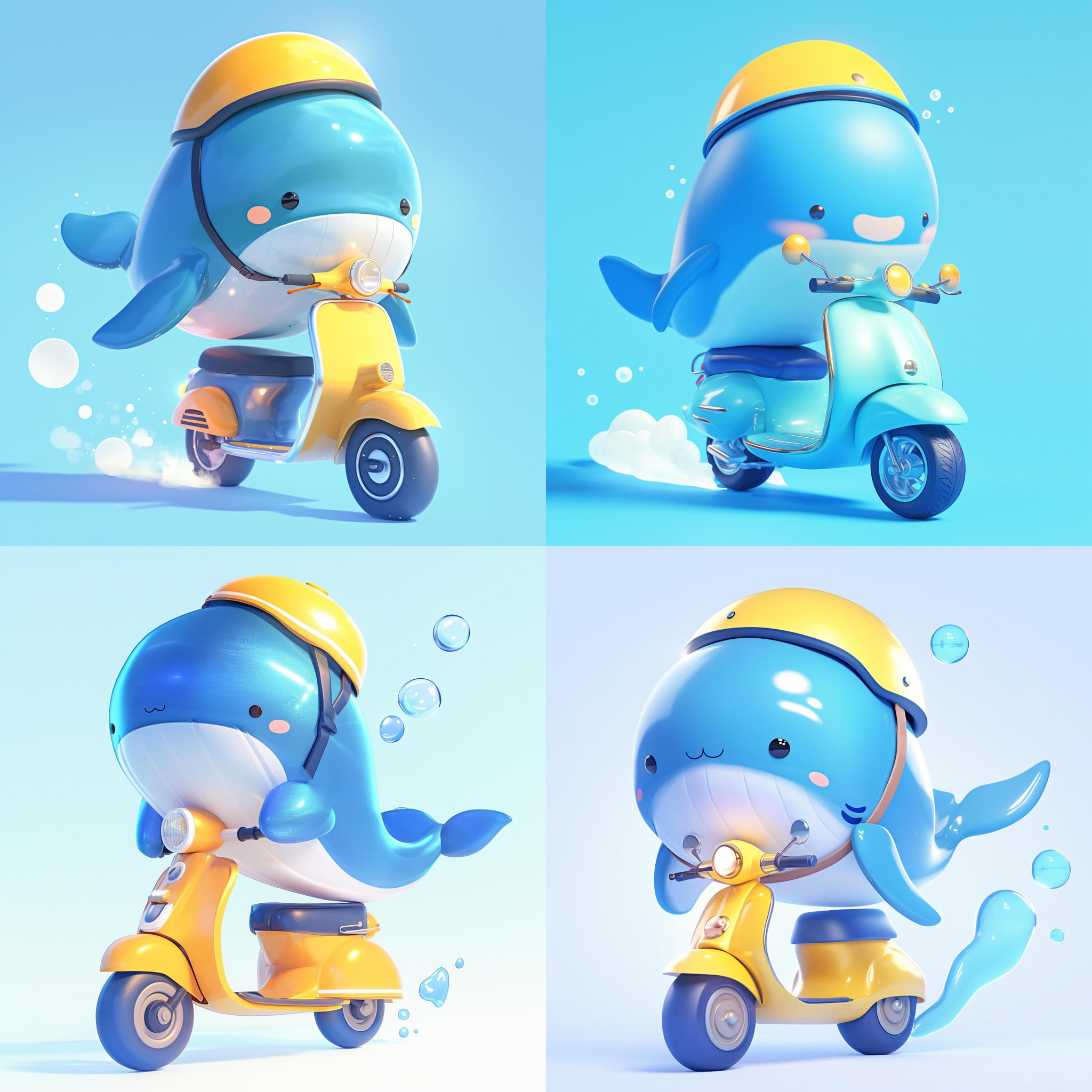 全身拍摄，超级可爱蓝色鲸鱼，头上带黄色头盔，骑电动车，简单3d模型，正面视图，白色背景，blender渲染，高分辨率，工作室照明，卡通风格，明亮色彩，专注表情，动态捕捉，细节丰富。
