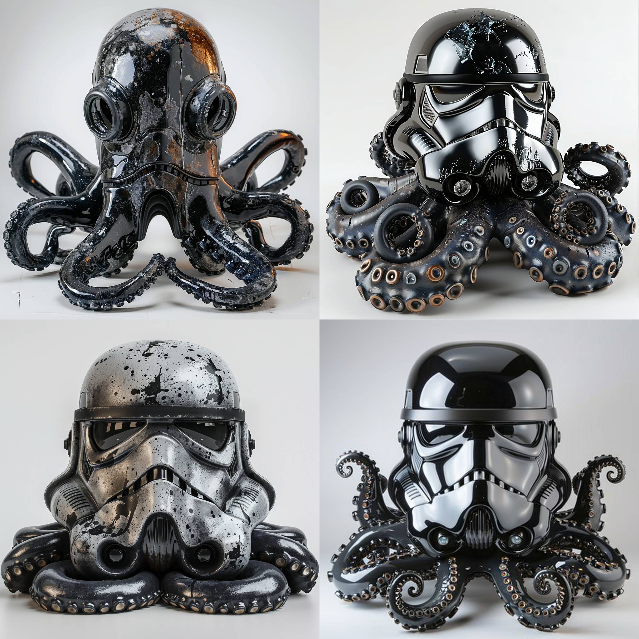 八脚章鱼，头部与黑武士面具自然融合为一体，光泽，哑光，如泼洒的黑油漆飞溅，全身像，黑色披风，白色背景，广角镜头，冷酷，正面视角，神秘，愤怒，面具锈迹斑驳，损坏，焊接