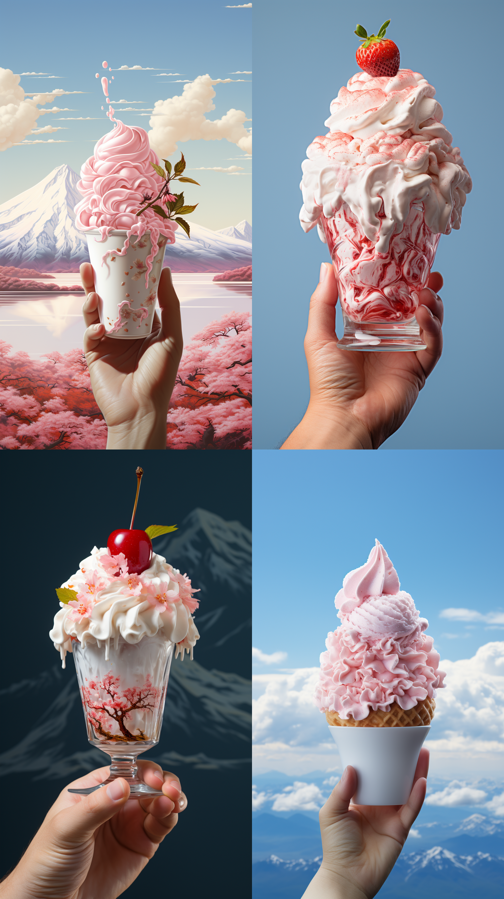 一只修长 白皙 细腻的手，拿着，草莓味冰淇凌，火炬形状，全景展示，清新日式风格，细腻质感，不填充背景色，柔和，清凉，诱人