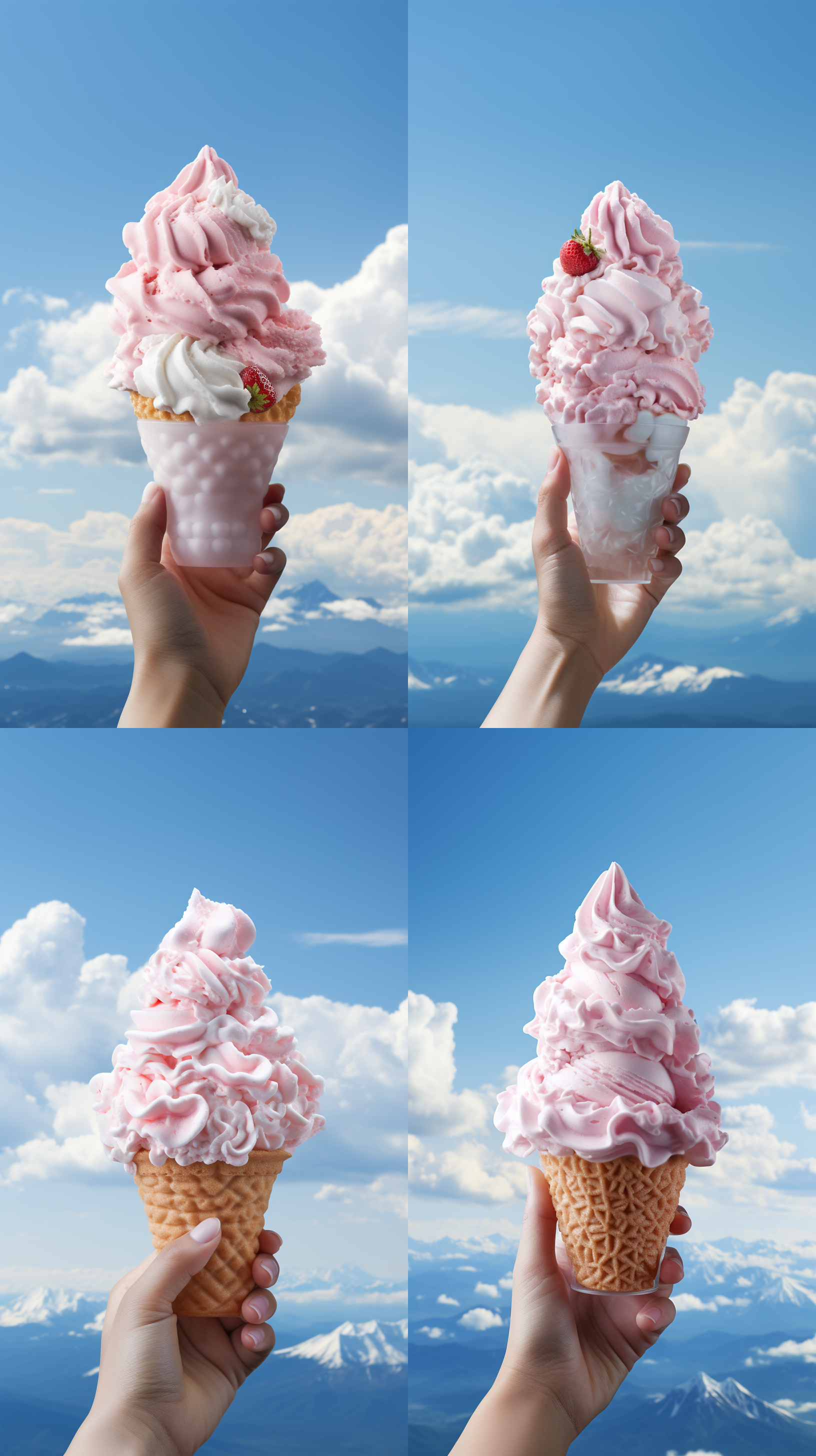 一只修长 白皙 细腻的手，拿着，草莓味冰淇凌，火炬形状，全景展示，清新日式风格，细腻质感，不填充背景色，柔和，清凉，诱人