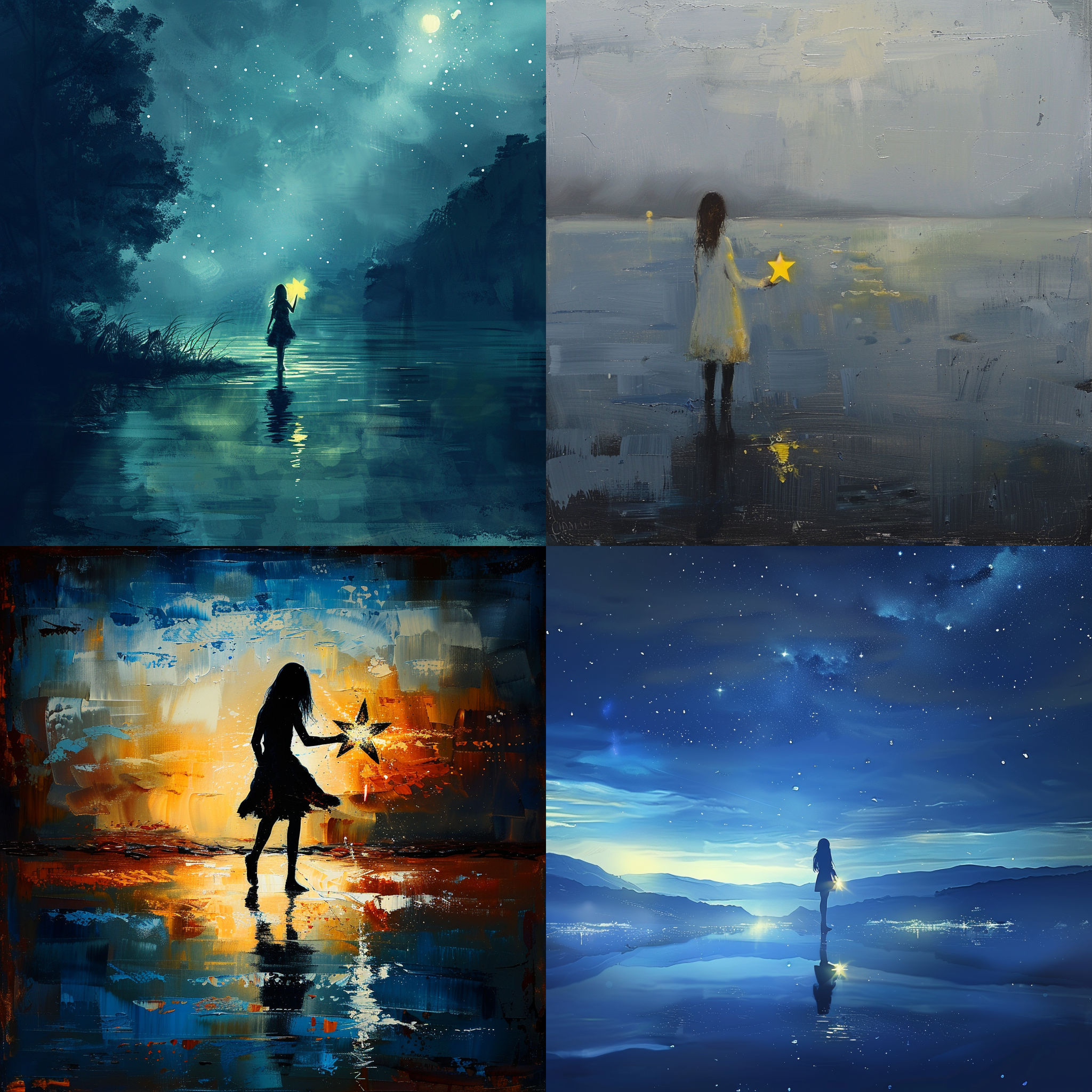 一个女孩抱着一颗星星，脚踩在湖面上，夜晚，油画风格。