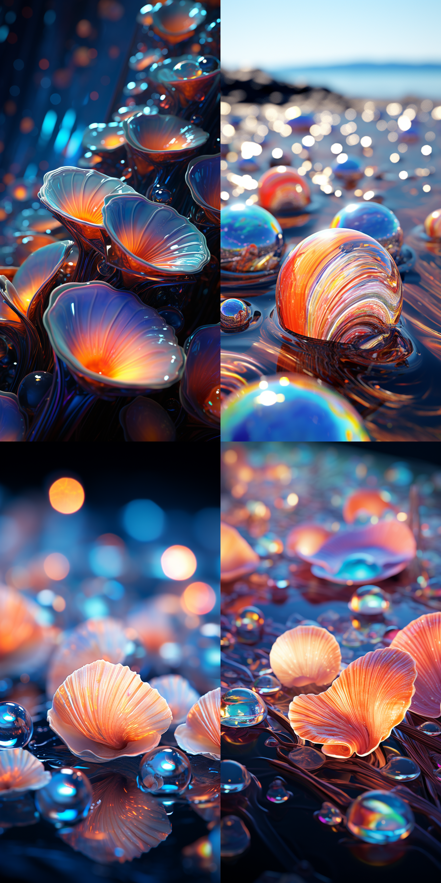 远景太空，近景五彩蚌壳藏银珍珠，实景插画结合，深景深，广角镜头，对比明显，超清8k，未来主义，神秘艺术。
