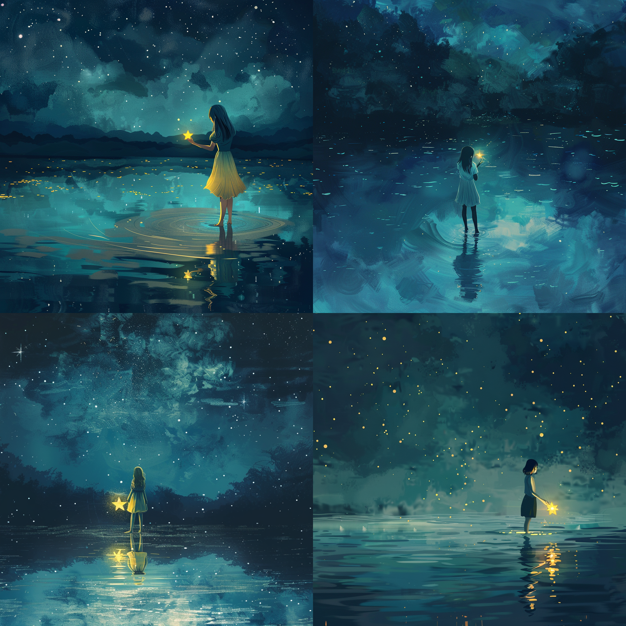 一个女孩抱着一颗星星，脚踩在湖面上，夜晚，落寞，伤心，冷色调，插画风格。