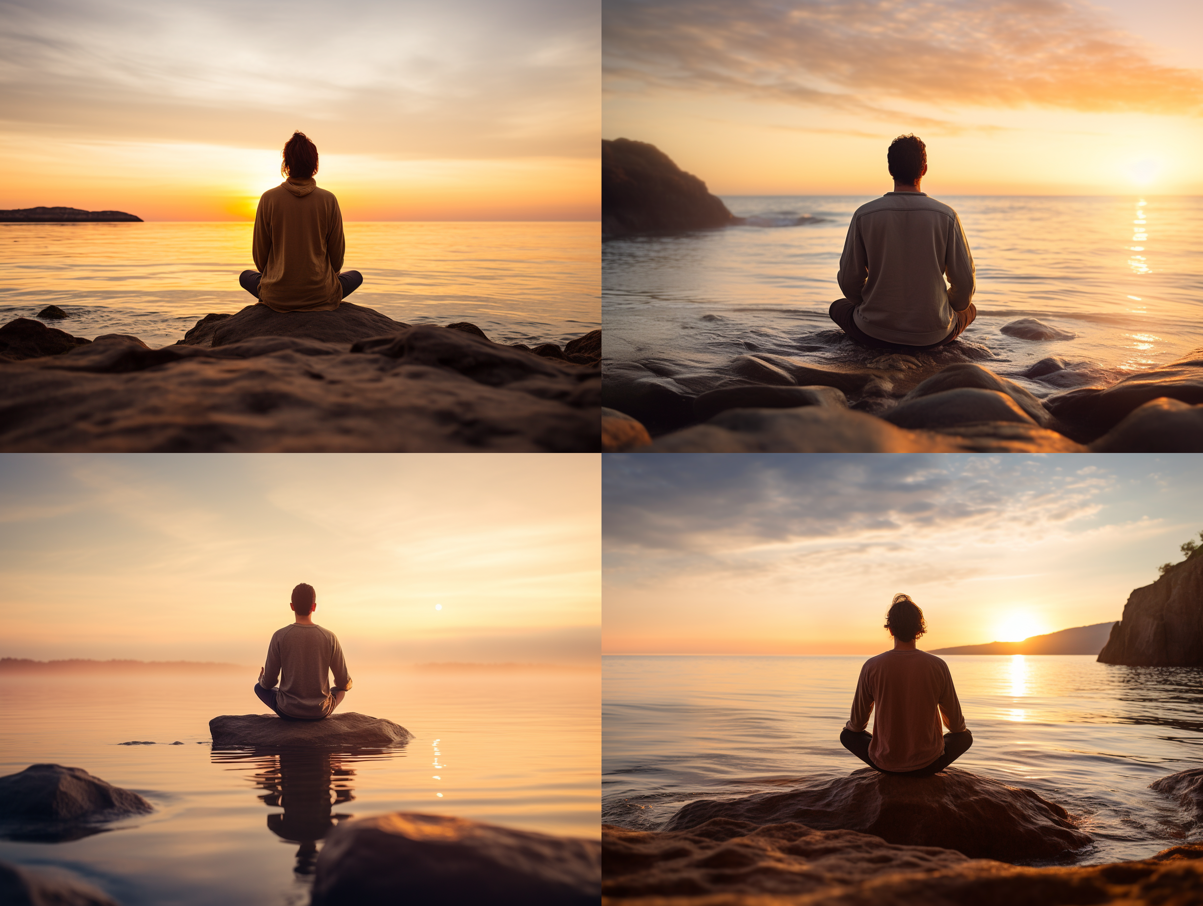 海边日出打坐背景男，宁静氛围，男性打坐姿势，面朝大海，日出金光洒满海面，长曝光，低角度，广角镜头，柔和光线，温暖色调，平静表情，自然环境，冥想状态。