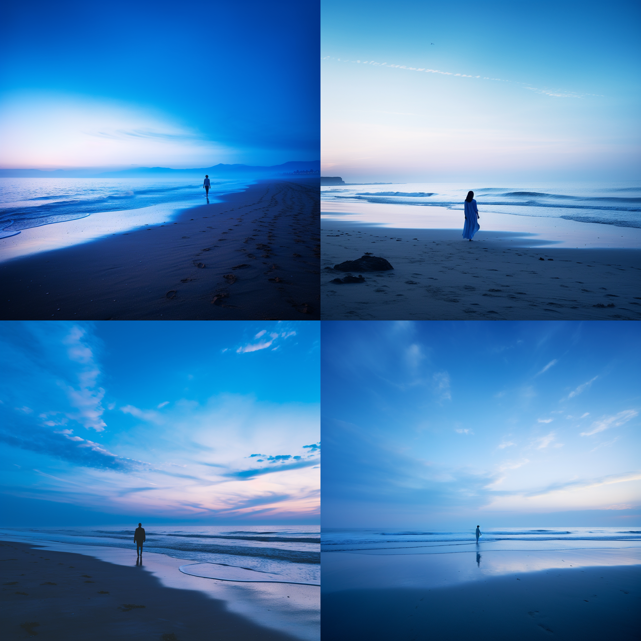 青晨海滩，轻风拂面，享受大自然风光，人物背影，远眺海平线，清晨阳光，柔和光线，长曝光，沙滩，海浪，宁静，宽广视角，温暖色调，放松心情。