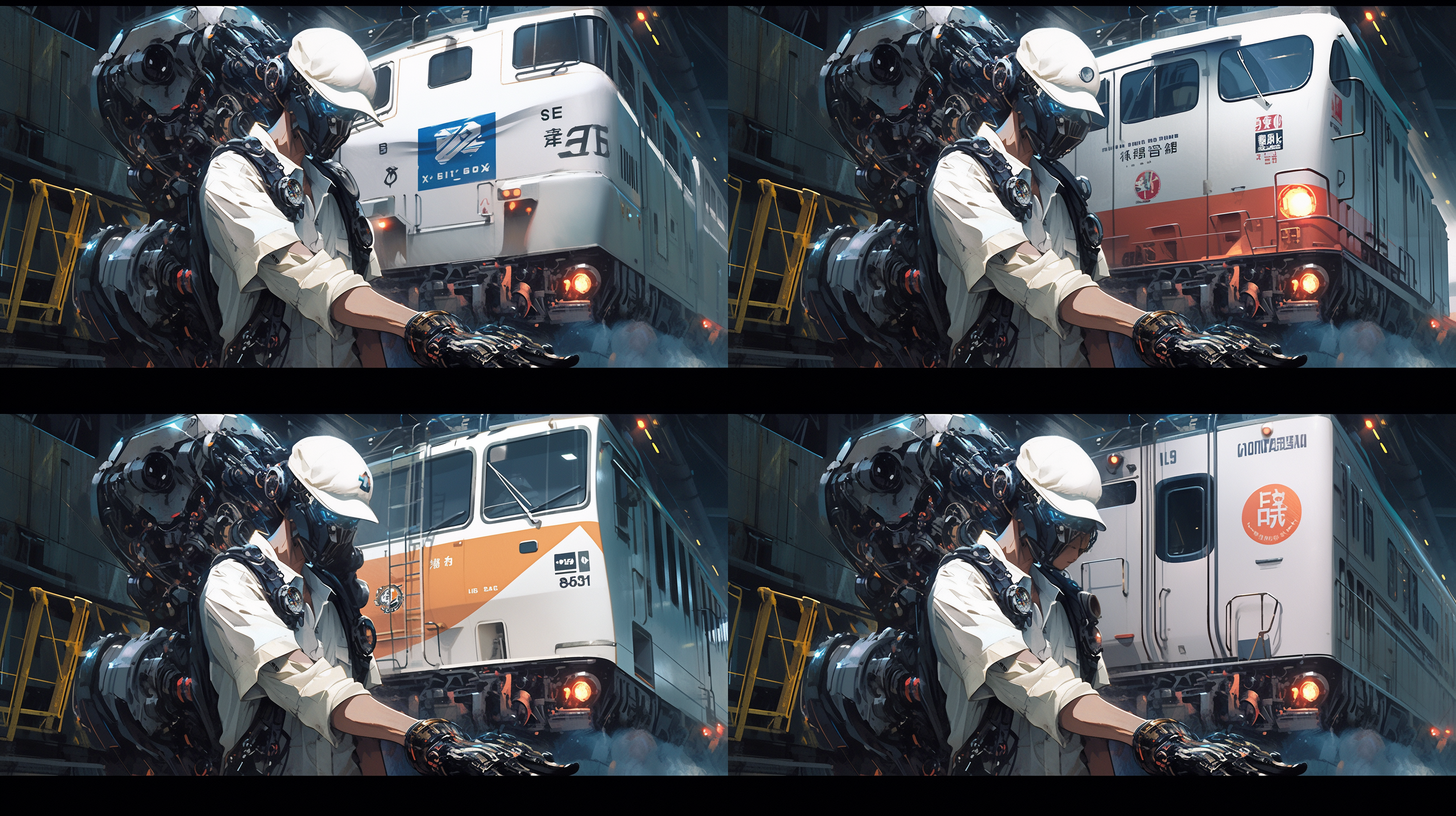 单体铁路货物搬运工，智能装备，展现人类肌肉力量，金属质感装备，专注眼神，机械臂搬运货物，冷色调，高光反射，超现实风格，长焦镜头，硬光，动态模糊，科技感，高效。