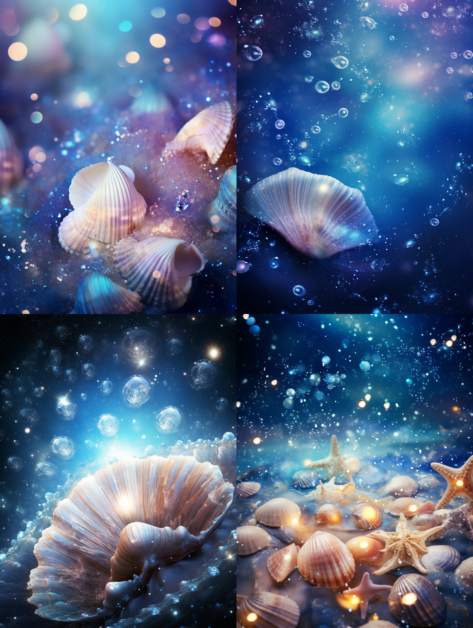 太空星空背景，贝壳藏珍珠，远景深，星云效果，冷色调，超广角镜头，暗光环境，细节丰富，神秘感，探索。