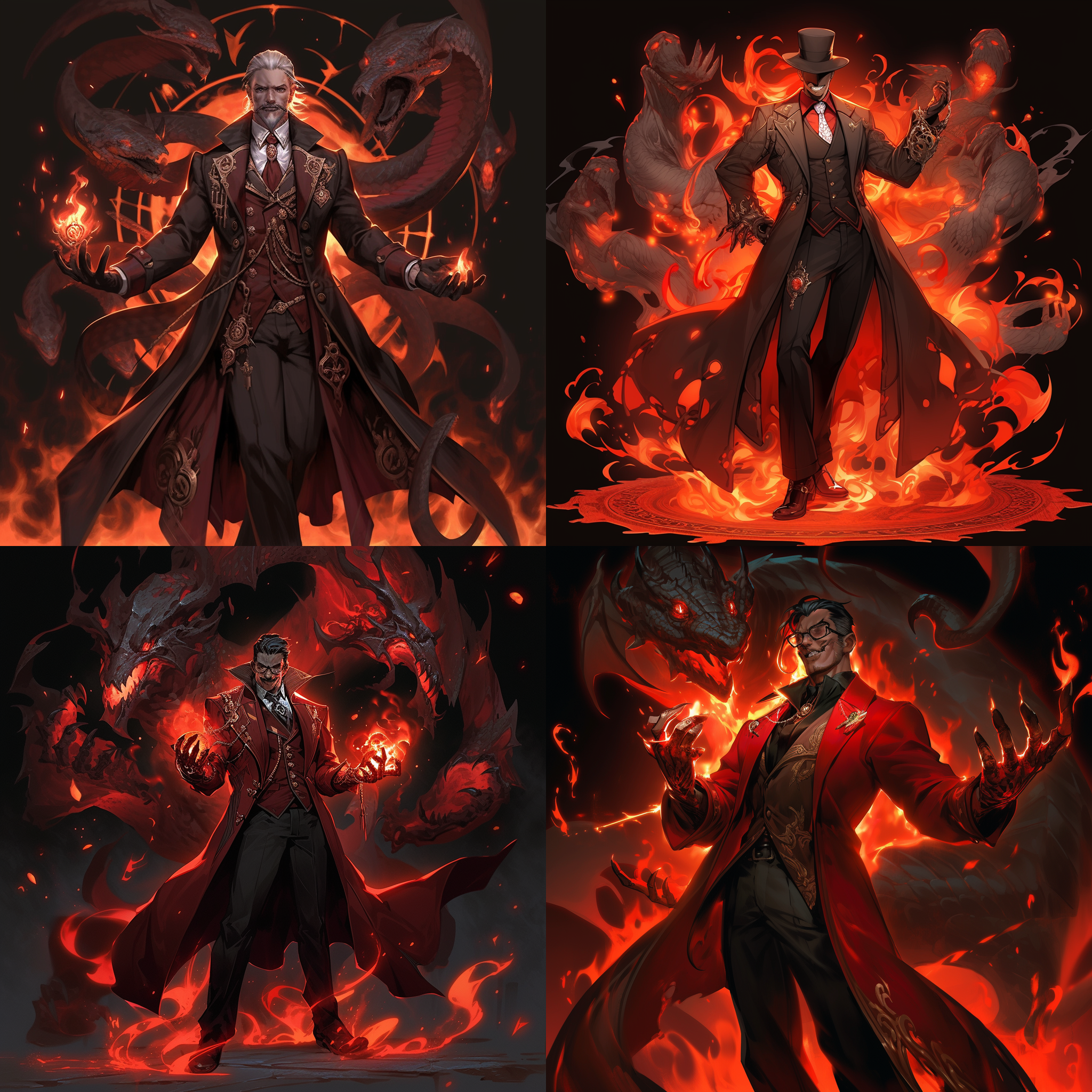 全身恶魔男子，莱昂纳多·卡拉马蒂形象，红色染色眼镜，迷人魔术师，火焰背景，愤怒的英国绅士壁虎，深色大衣，协调的手势，维多利亚时代炼金术士，可利用图像，坚毅的下巴线条，罗山，宽大的黑色笑容，紧握拳头，外科医生，1/6西格玛，高光细节，暗调背景，强烈对比，动态姿势，神秘氛围，红色与黑色调，紧张情绪。