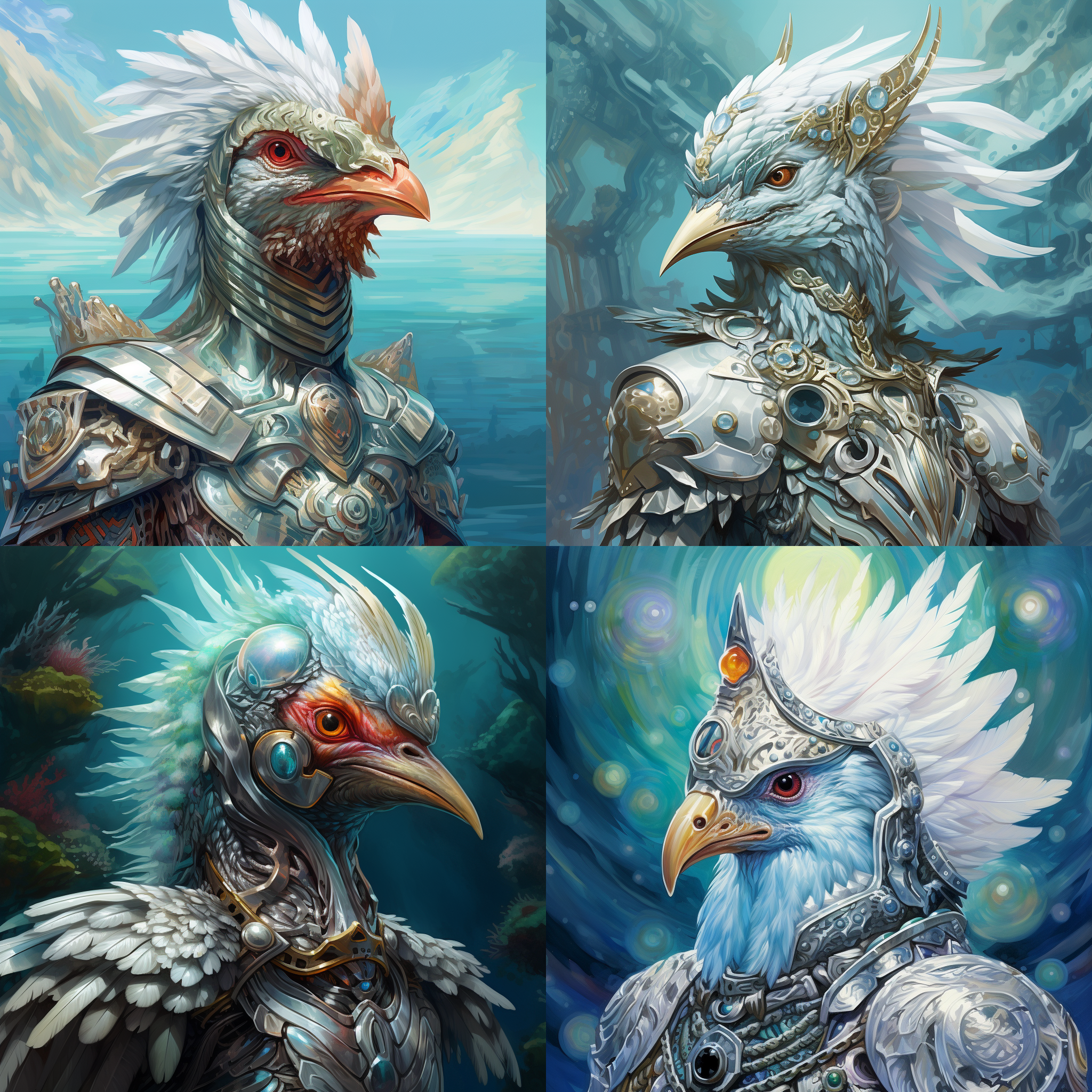 一幅描绘深海晶冰鸡的肖像画，它身披精致的精灵盔甲，头盔半开，呈现出神秘的风格。它拥有神秘的情绪和神秘的眼神。背景是天堂般的地平线，颜色以银色和白色为主，仿佛一片荒凉的沙漠景观。画面中的盔甲装饰华丽，错综复杂，呈现出逼真的现实主义风格，细致入微，光影立体感十足。整个画面采用了超高清画质，通过octane渲染器和unreal engine引擎的渲染，使得每一处细节都栩栩如生。