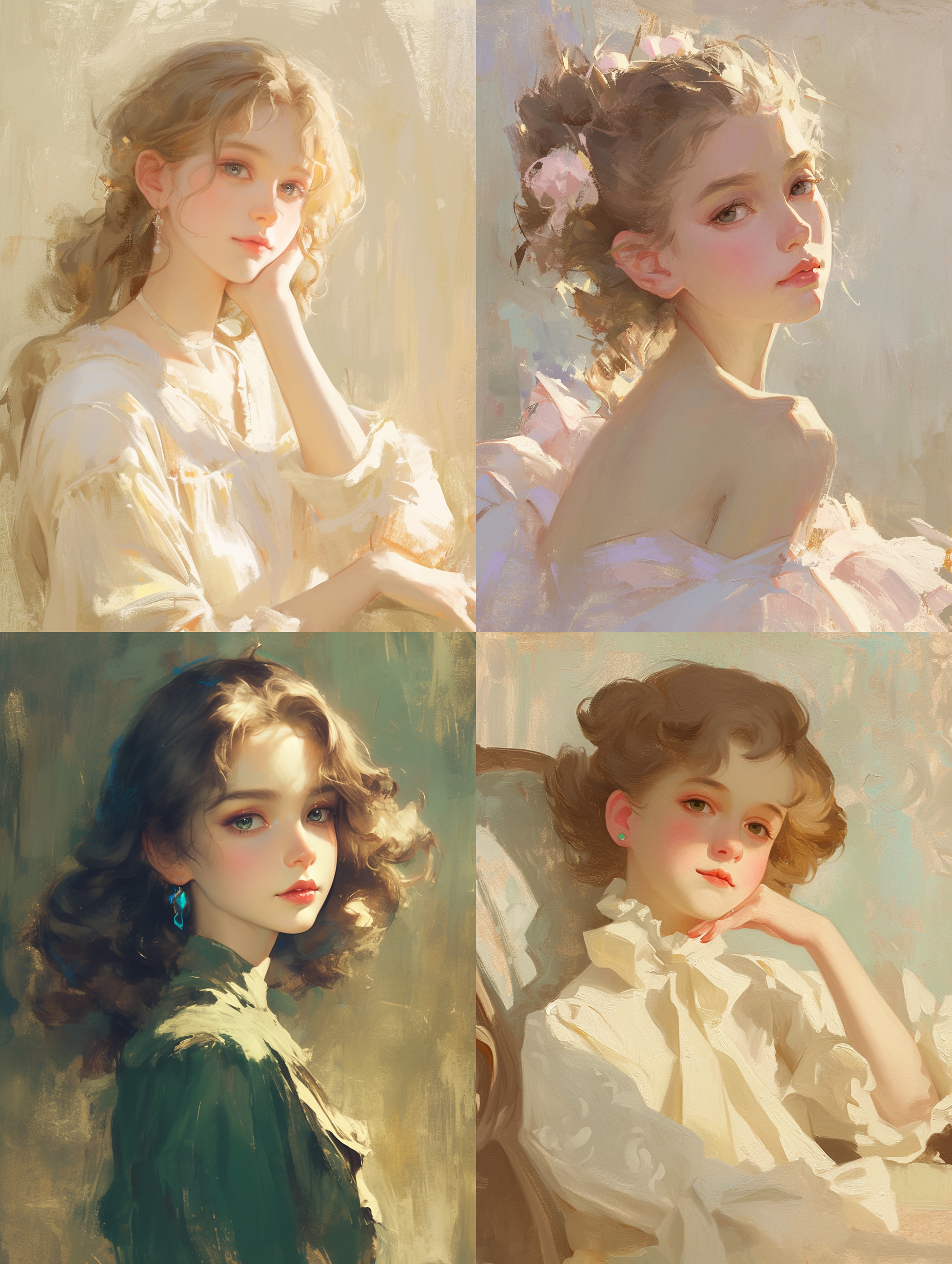 少女，巴洛克式镜子，光，晶莹剔透，温柔，二次元画风，超精致脸部，油画笔触，油画质感