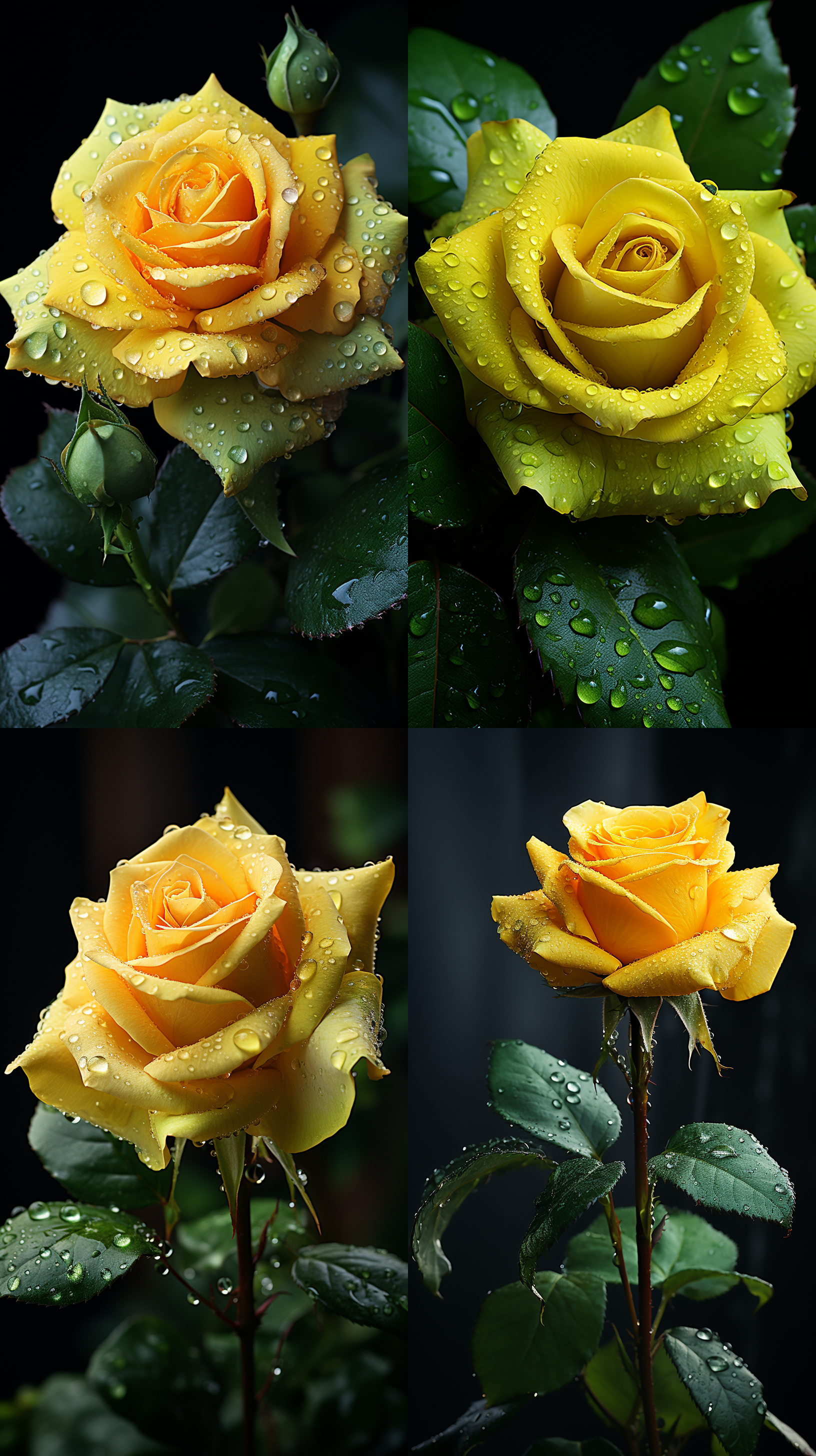 yellow rose, macro photography, waxy texture, semi- p etals, natural light, soft focus, deep green backgrou nd, high saturation, delicate texture, tranq uil atmosphere.