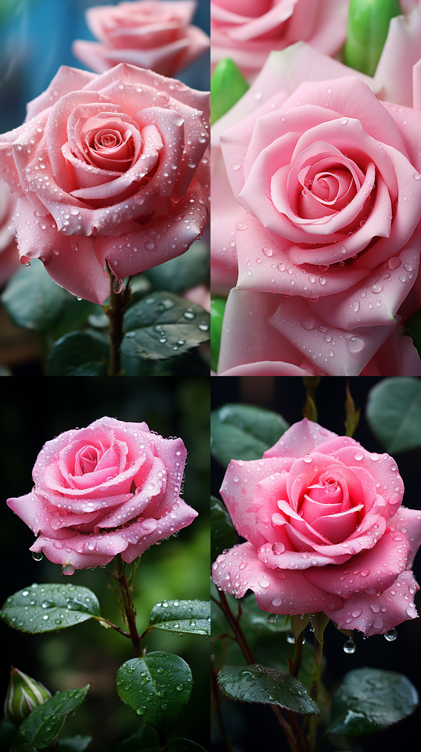 pink rose macro photography, waxy texture, semi- p etals, natural light, soft focus, deep green backgrou nd, high saturation, delicate texture, tranq uil atmosphere.