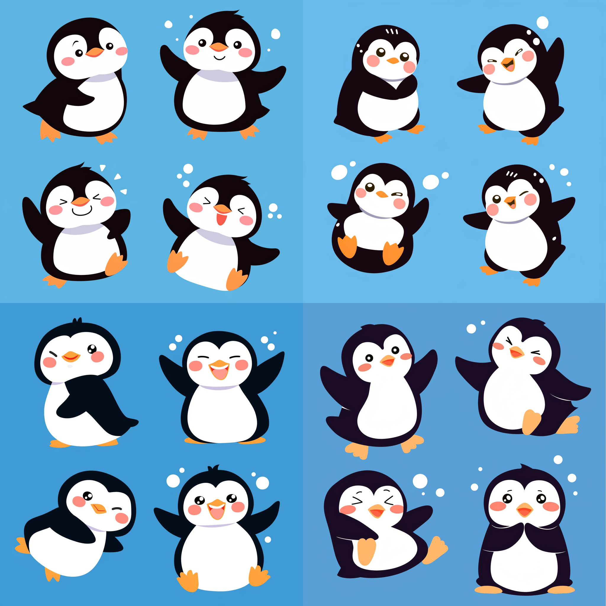 企鹅q版设计，圆形身体，漫画风格，高清画质，镜头特写，多个活泼动作表情，蓝色天空背景，天气晴朗，光线柔和，矢量平面，鲜艳色彩，轻松氛围，动态捕捉，表情丰富。 参考表 cute penguin design in cartoon style, with round body, high-definition quality, close-up shots, and multiple lively expressions. set against a blue sky background on a sunny day with soft lighting. vector graphics with vibrant colors, creating a relaxed atmosphere. expressions are rich and dynamic.