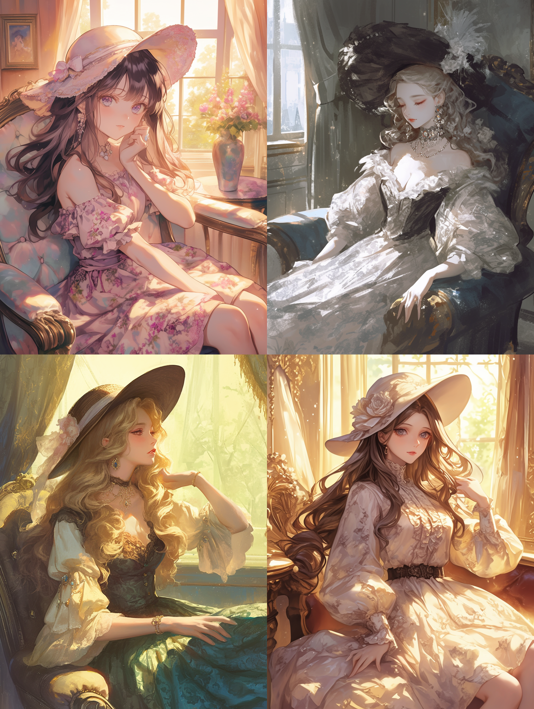 长发少女，巴洛克式家具，蕾丝窗帘，欧式复古帽，欧式复古碎花长裙，温柔，微风，晶莹剔透，晶亮，光