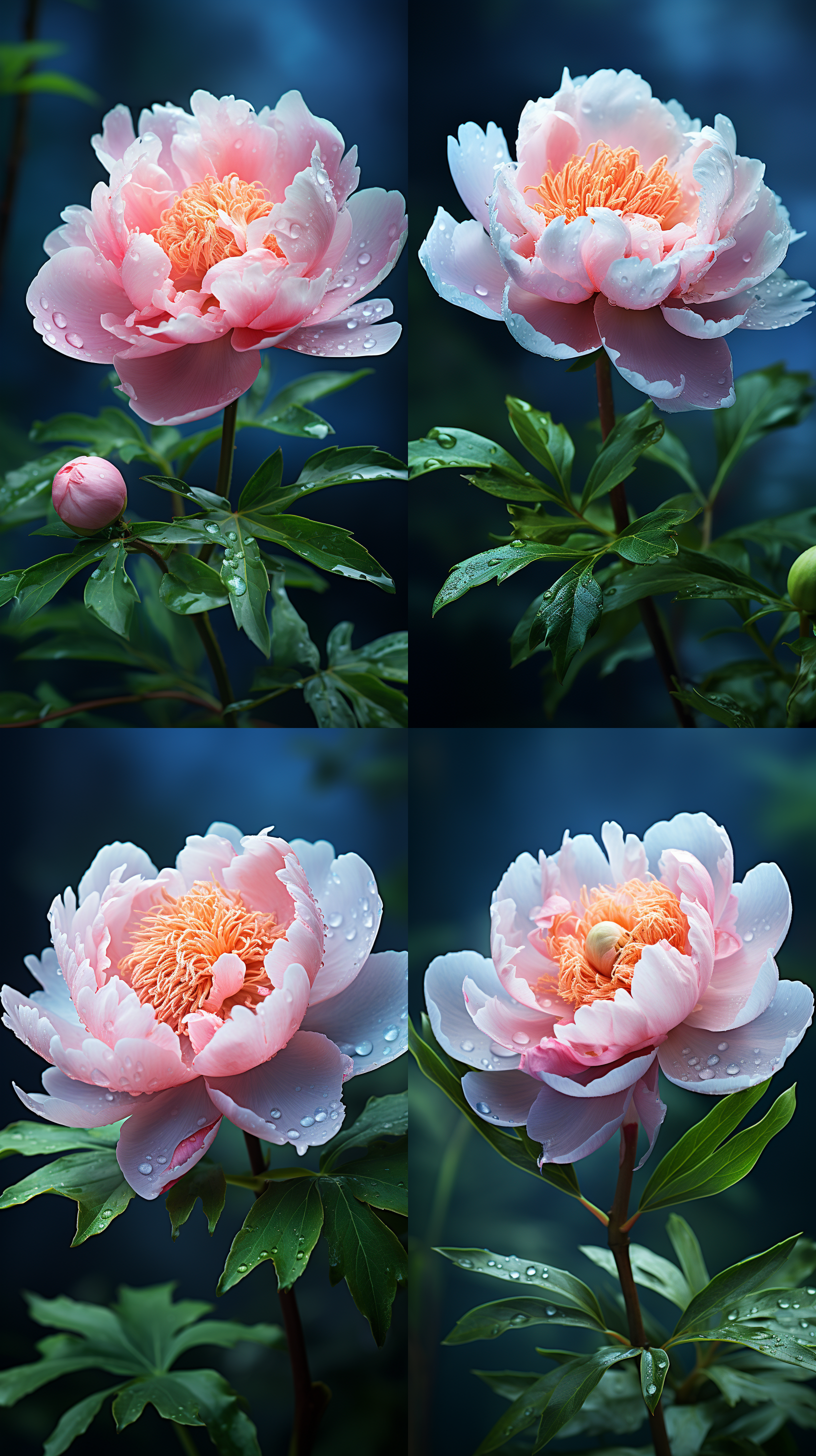 牡丹花，宏观摄影，蜡质感，半色调，自然光线，柔和聚焦，深绿色背景，高饱和度，质地细腻，气氛浓郁。16：9