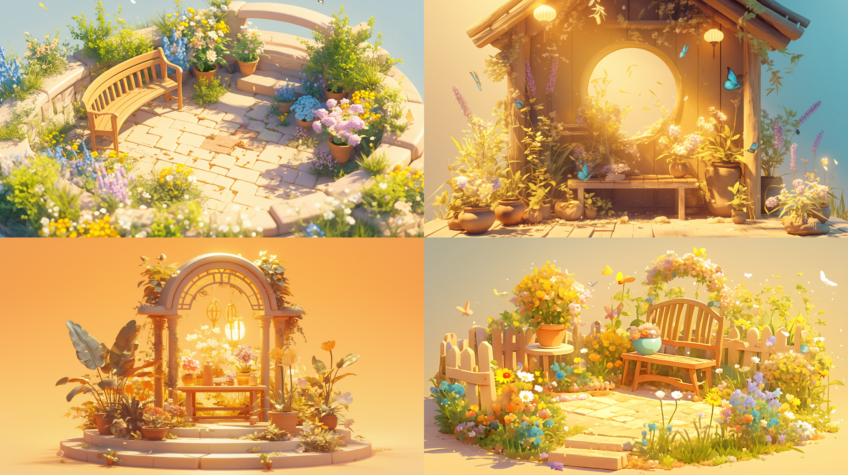 圆形微缩场景，木质休闲长椅，拱形花盆盛开春花，3d渲染，blender制作，popmart盲盒风格，色彩欢快，细节精致，柔和光线，温馨氛围，微距摄影。