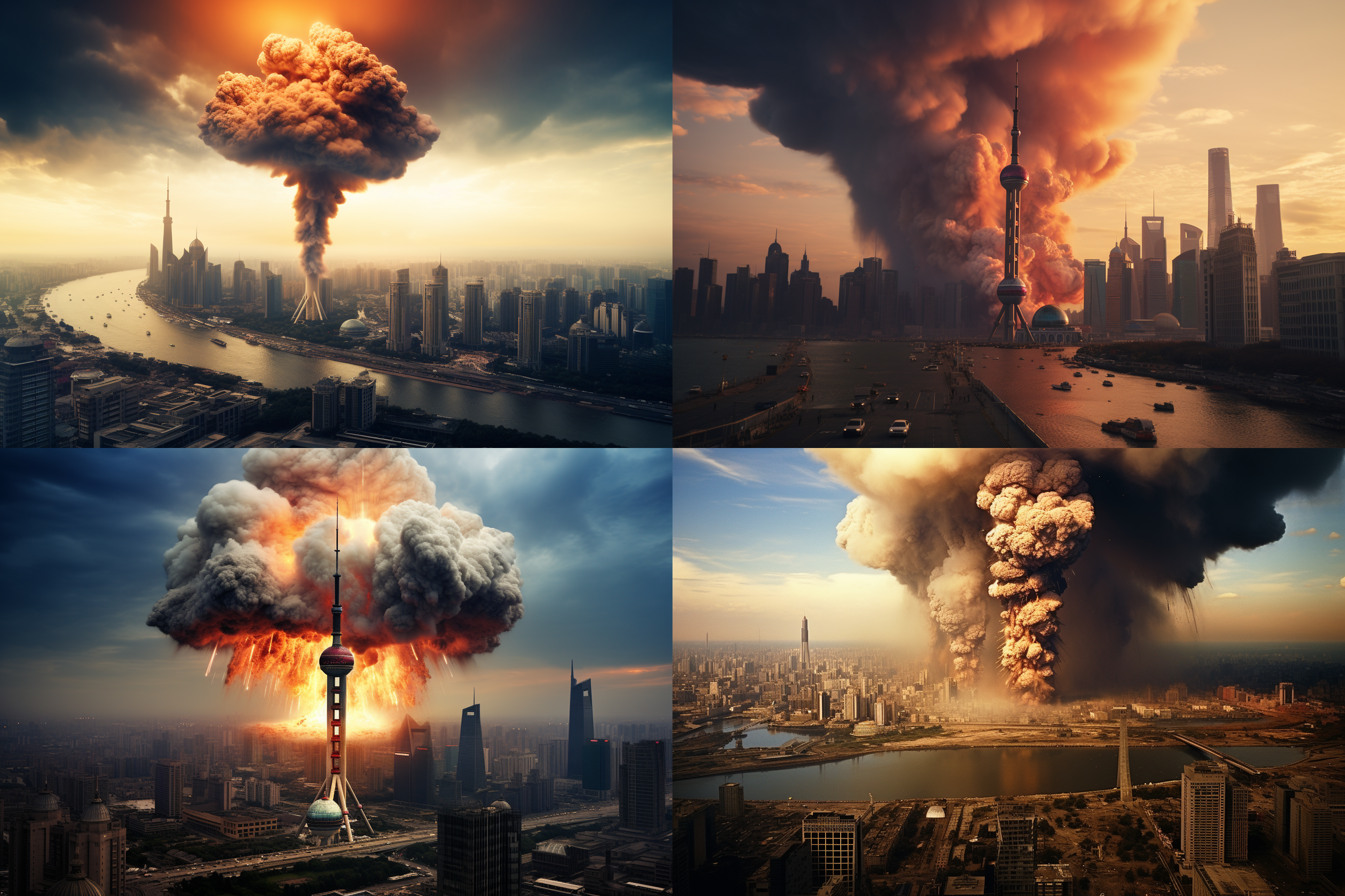 上海陆家嘴被核弹命中场面，升起蘑菇云，广角镜头，陆家嘴全景