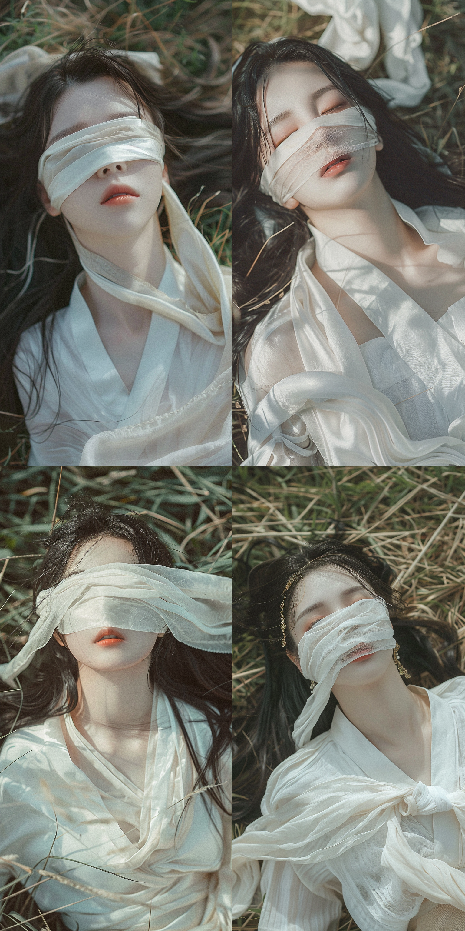 中国古代女孩，黑长发散乱草地，白衣，蒙眼丝巾，自然光，特写，柔和色调，真实场景，静谧，神秘。