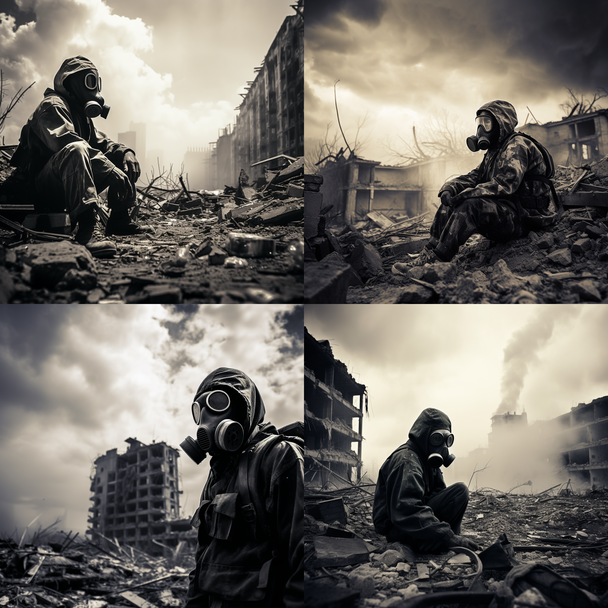 核世界大战，废墟城市背景，黑白摄影，超现实风格，长焦镜头，低角度，逆光，烟雾弥漫，孤独士兵，防护服，绝望表情，冷色调，毁灭感。