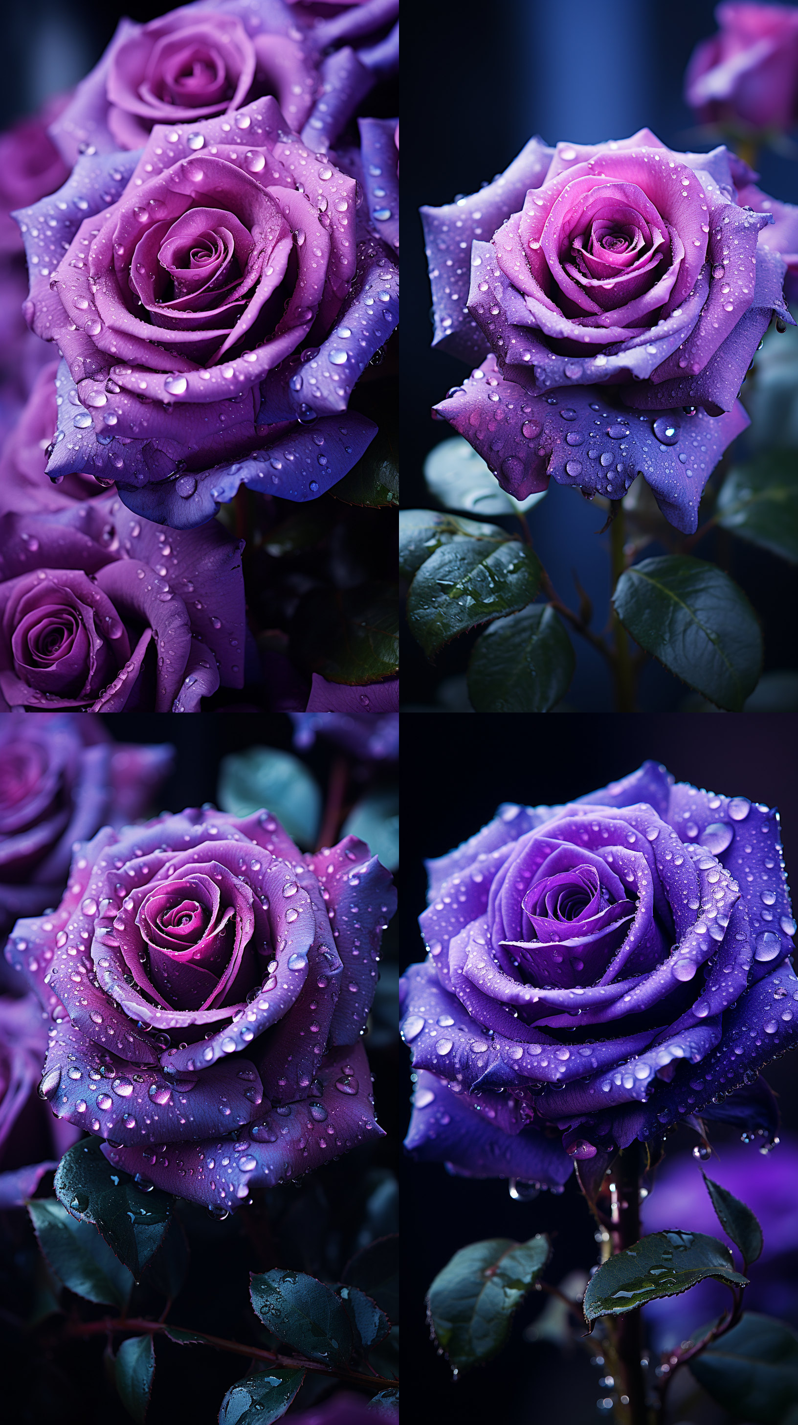 violet rose macro photography, waxy texture, semi- p etals, natural light, soft focus, deep green backgrou nd, high saturation, delicate texture, tranq uil atmosphere.