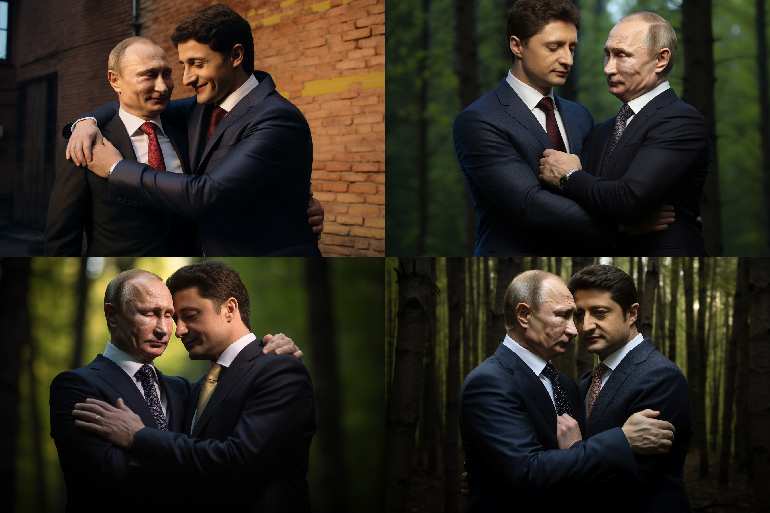 俄罗斯总统普京与乌克兰总统泽连斯基拥抱，身穿西服，户外建筑背景前，光线柔和，大半身照，远摄镜头
