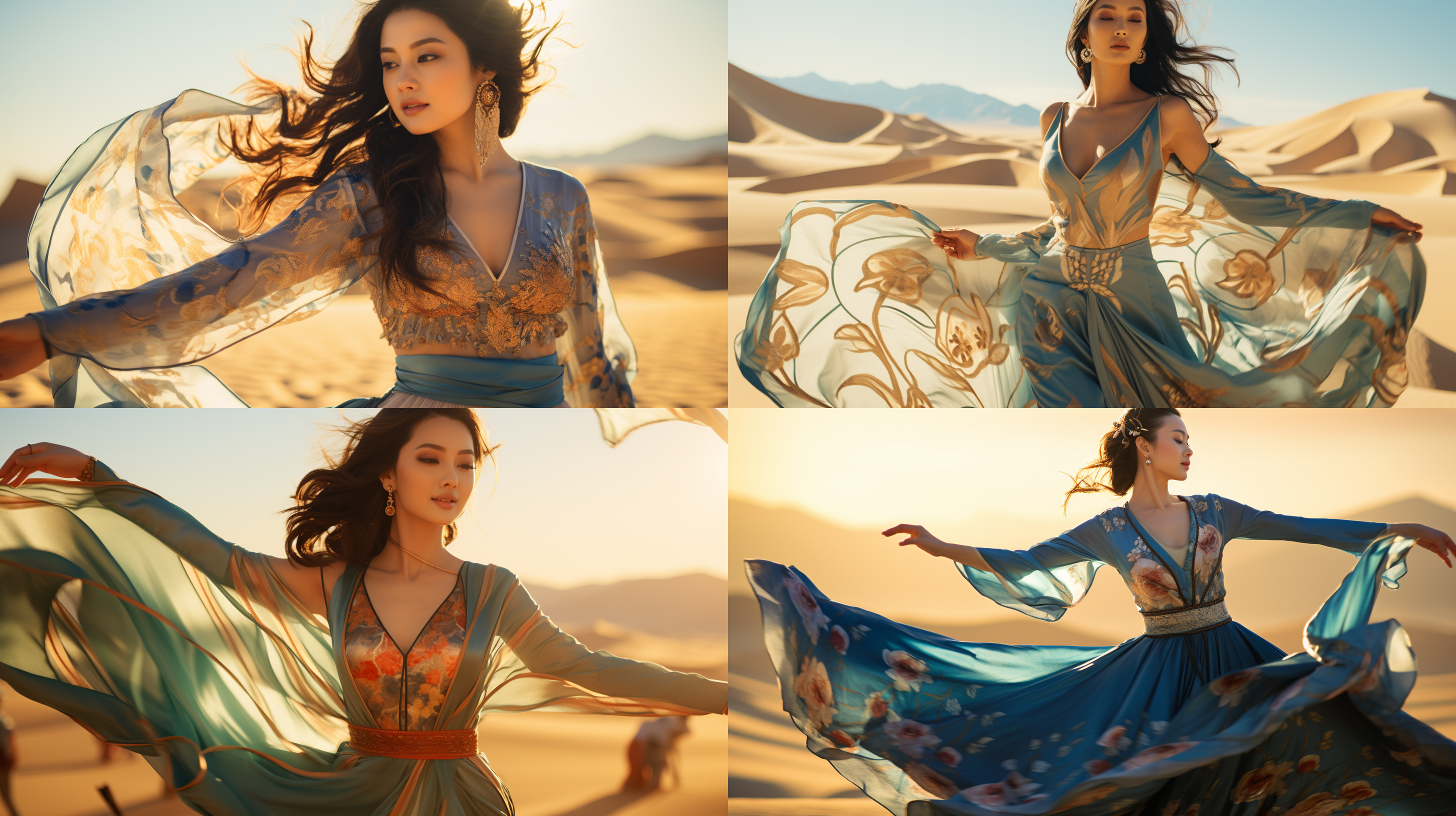 中国女子敦煌月牙泉旁边跳舞，面容美丽，大师作品，超高分辨率，超强解析度，8k，敦煌飞天仙女服饰，阳光映照，神圣感，沙丘绿洲蓝天倒影，清晨，和谐美景，舞姿优雅，池水宁静，阳光灿烂，生活热爱，自然敬畏，长焦镜头，柔和侧光，低饱和度，舞动，宁静，敬畏。