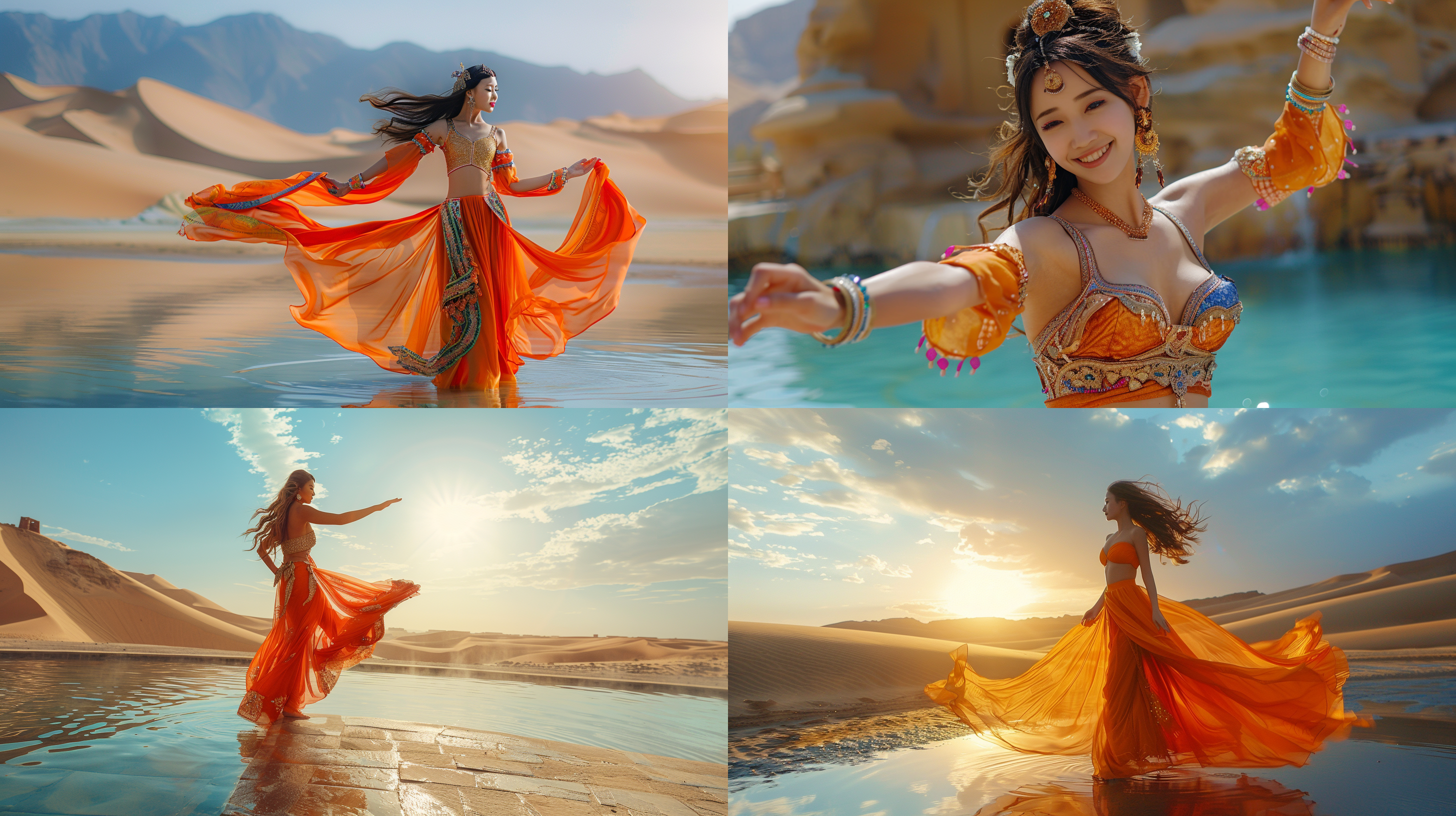 中国女子敦煌月牙泉旁跳舞，面容美丽，大师作品，超高分辨率，超强解析度，8k，敦煌飞天仙女服饰，阳光映照，神圣感，沙丘绿洲蓝天倒影，清晨，和谐美景，舞姿优雅，池水宁静，阳光灿烂，生活热爱，自然敬畏，长焦镜头，柔和侧光，低饱和度，优雅舞动，自然融合，宁静氛围。