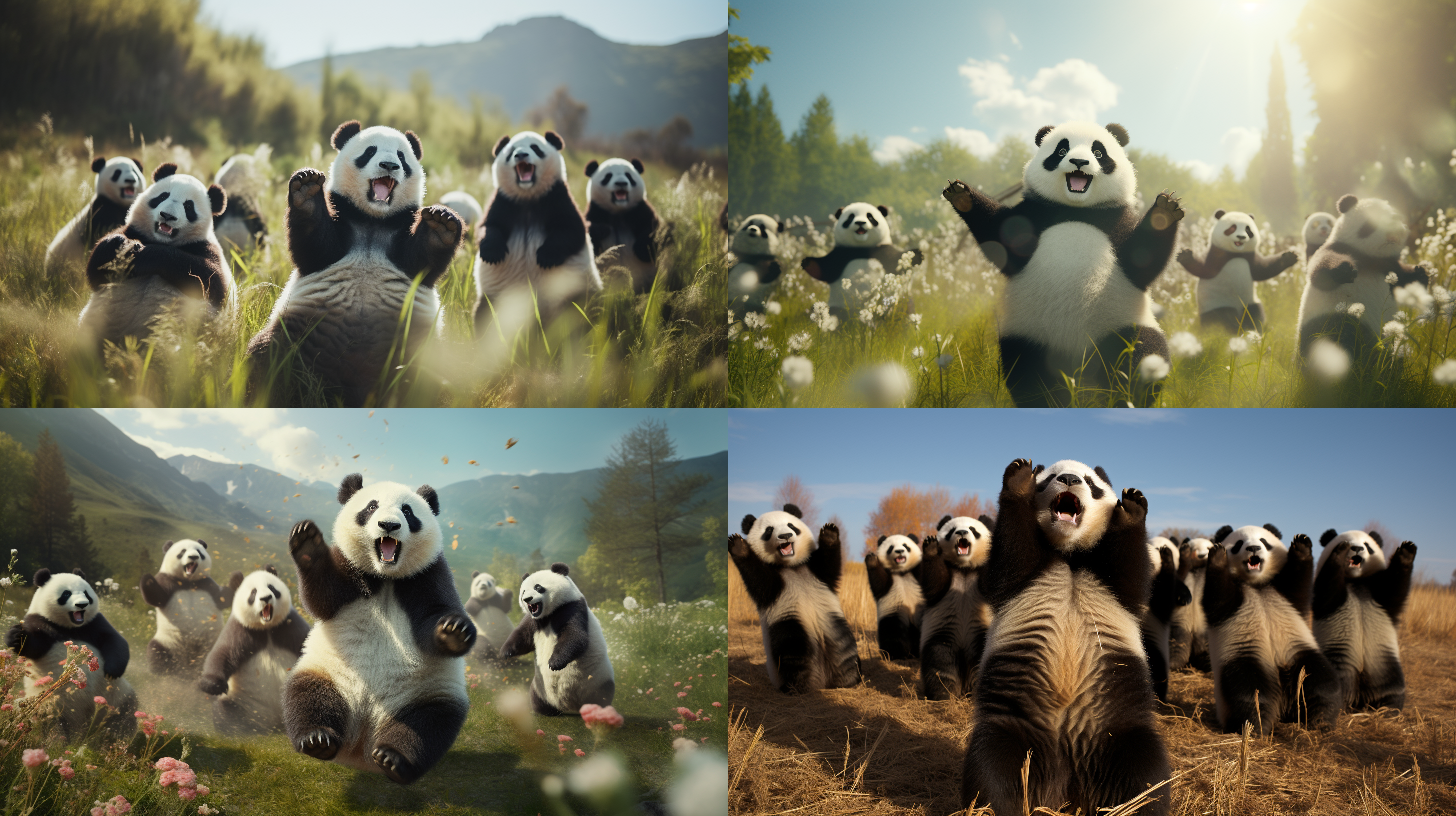 一群熊猫做操，双臂上举，动作协调。阳光明媚，草地上，自然光，正面视角，慢动作，黑白对比，和谐，广角镜头，微笑，放松。