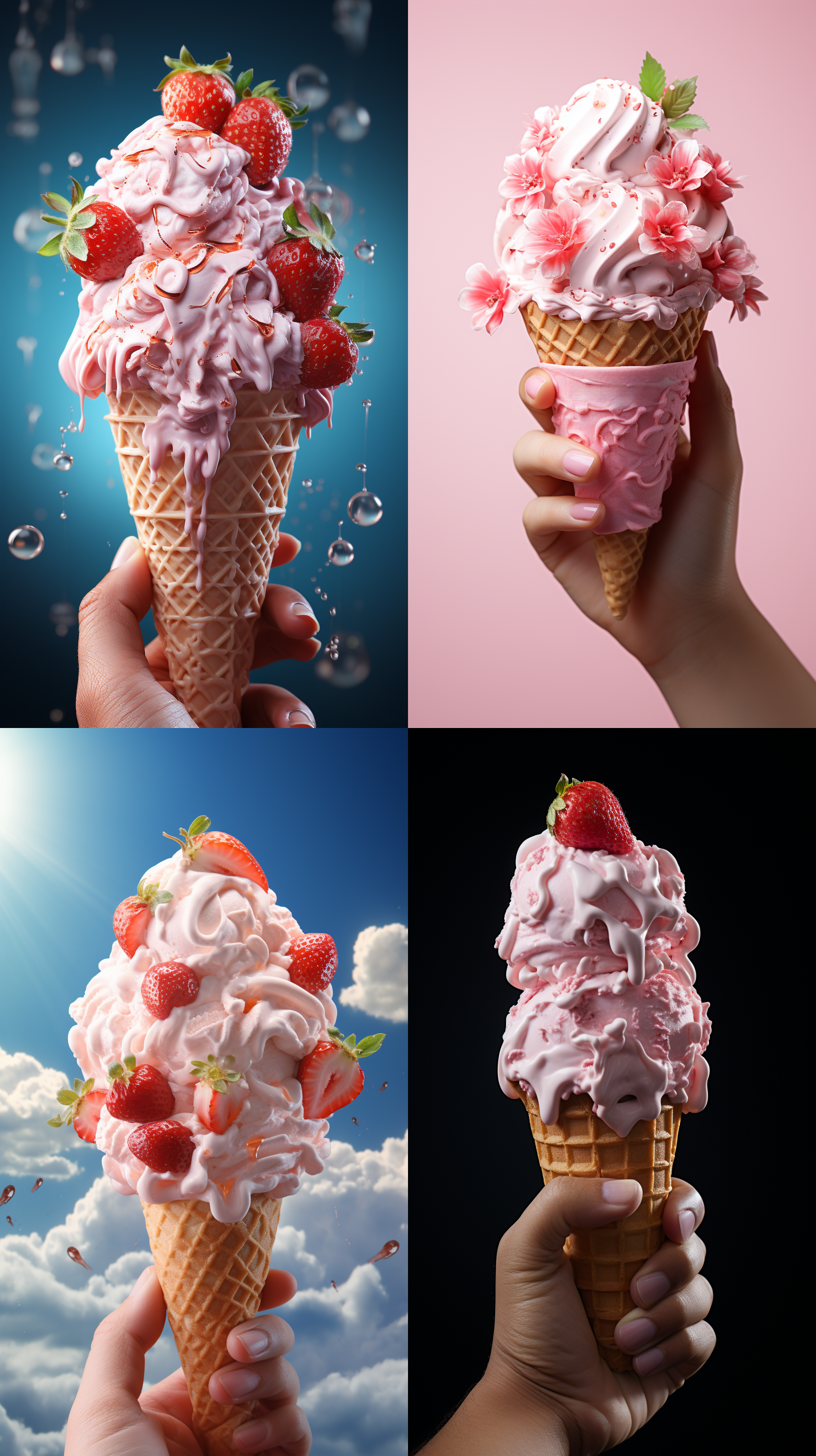 一只修长 白皙 细腻的手，拿着，草莓味冰淇凌，火炬形状，全景展示，清新日式风格，细腻质感，不填充背景色，柔和，清凉，诱人， 3d ，全景深摄像
