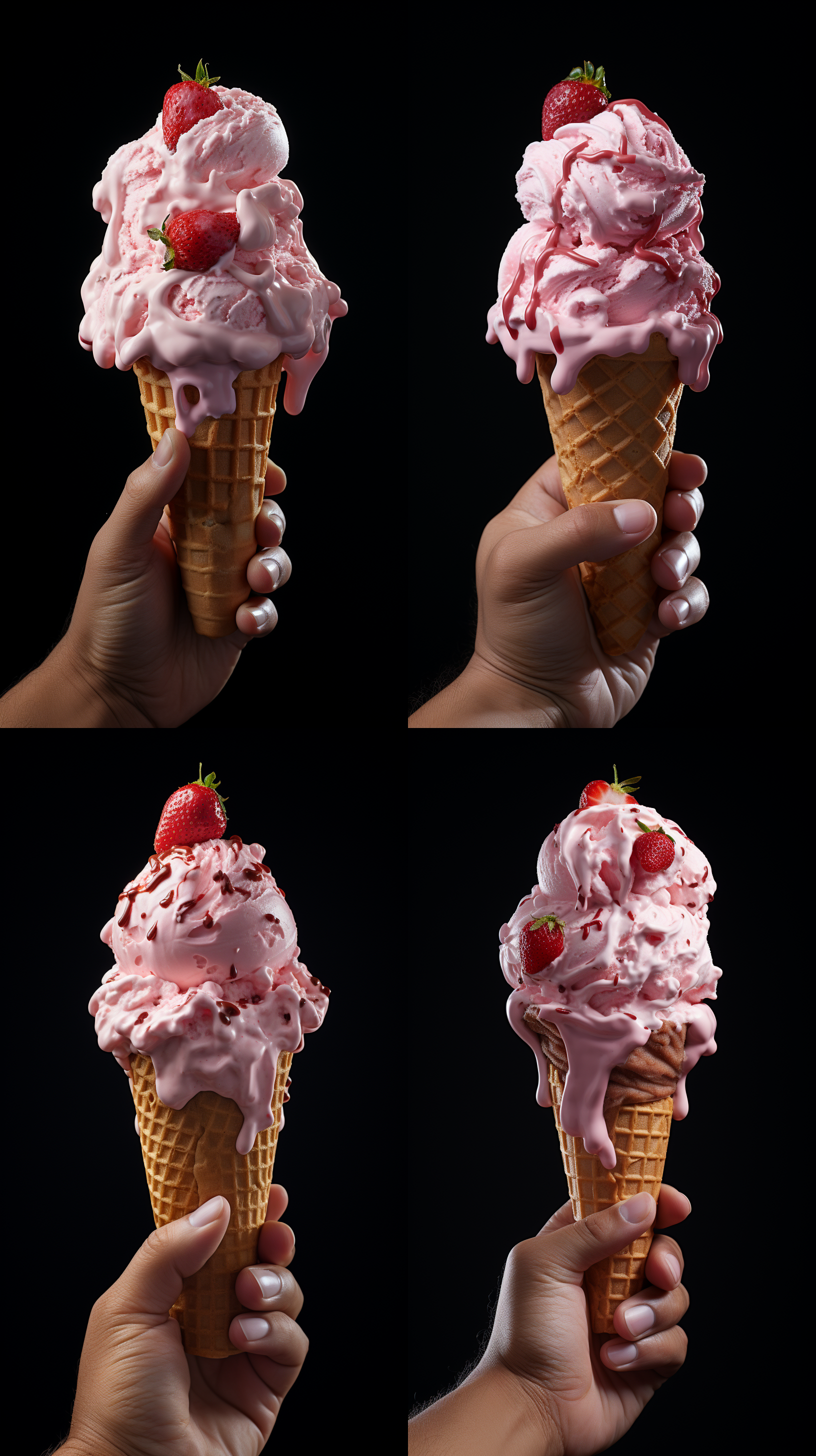 一只修长 白皙 细腻的手，拿着，草莓味冰淇凌，火炬形状，全景展示，清新日式风格，细腻质感，不填充背景色，柔和，清凉，诱人， 3d ，全景深摄像