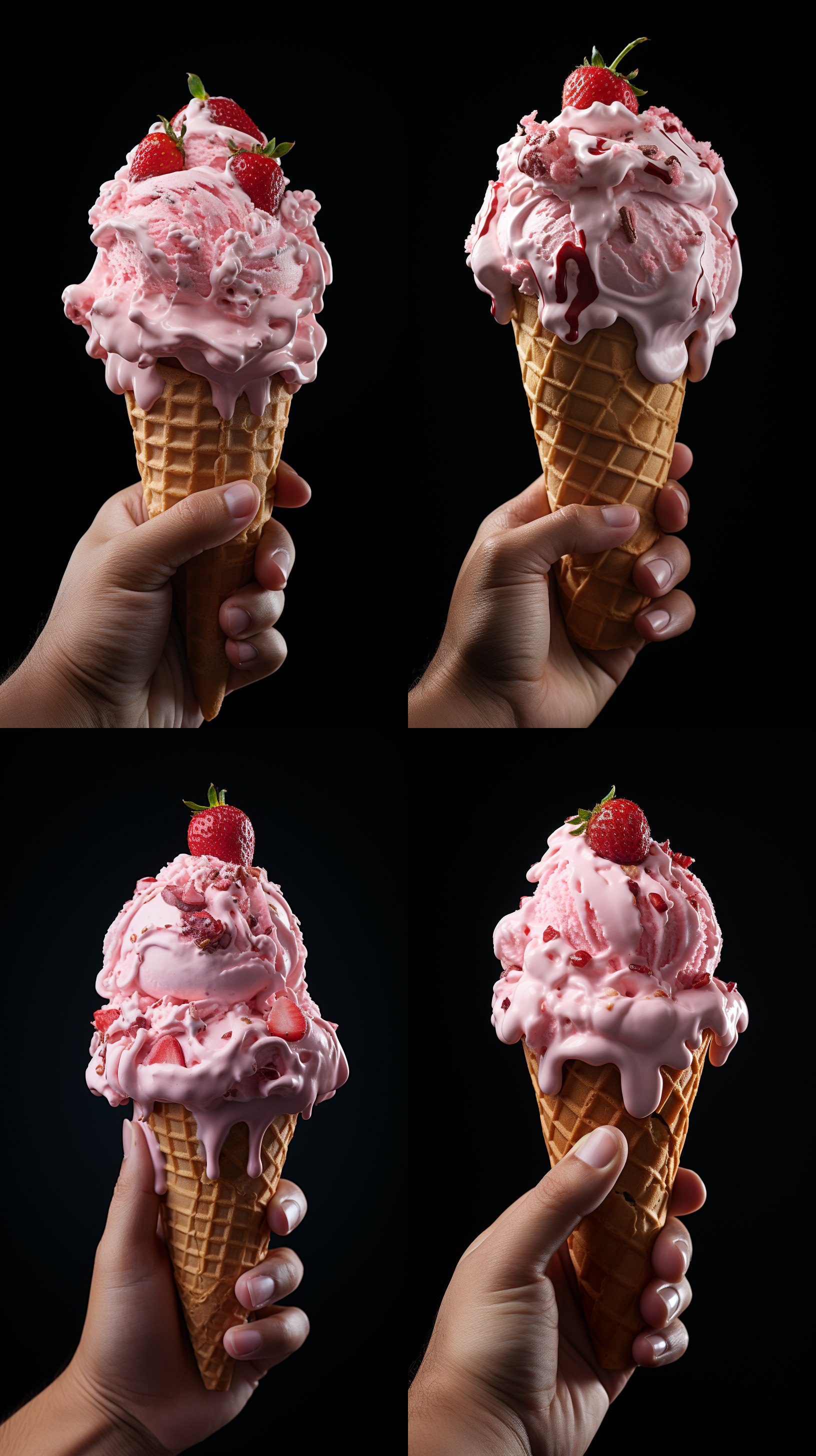 一只修长 白皙 细腻的手，拿着，草莓味冰淇凌，火炬形状，全景展示，清新日式风格，细腻质感，不填充背景色，柔和，清凉，诱人， 3d ，全景深摄像