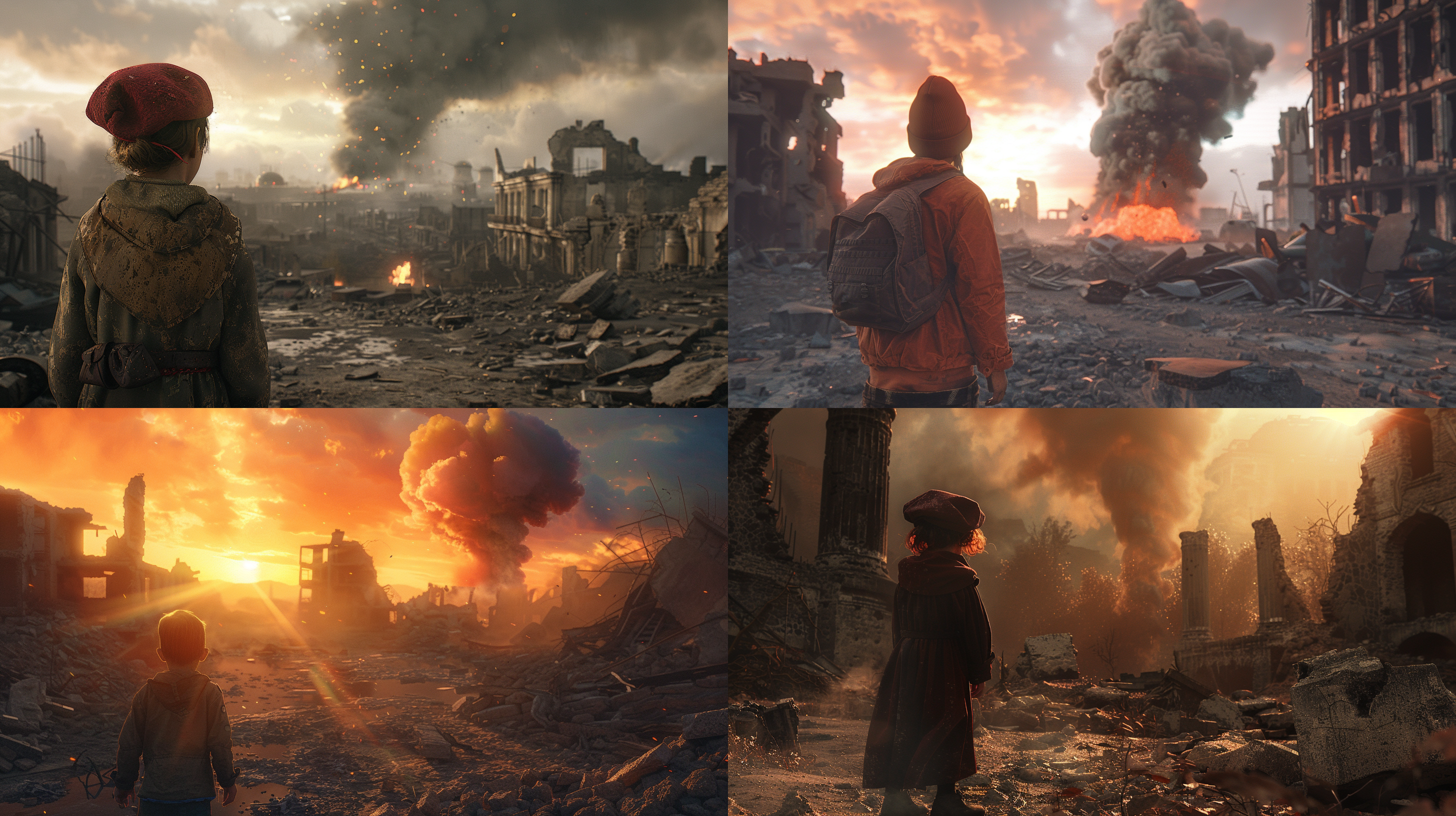 战场 孤独 孩子 蘑菇云 废墟 灰尘 照片写实 电影风格 oc渲染器 摄影纪实 火光 关键照明 贝雷帽 远景透视 废墟