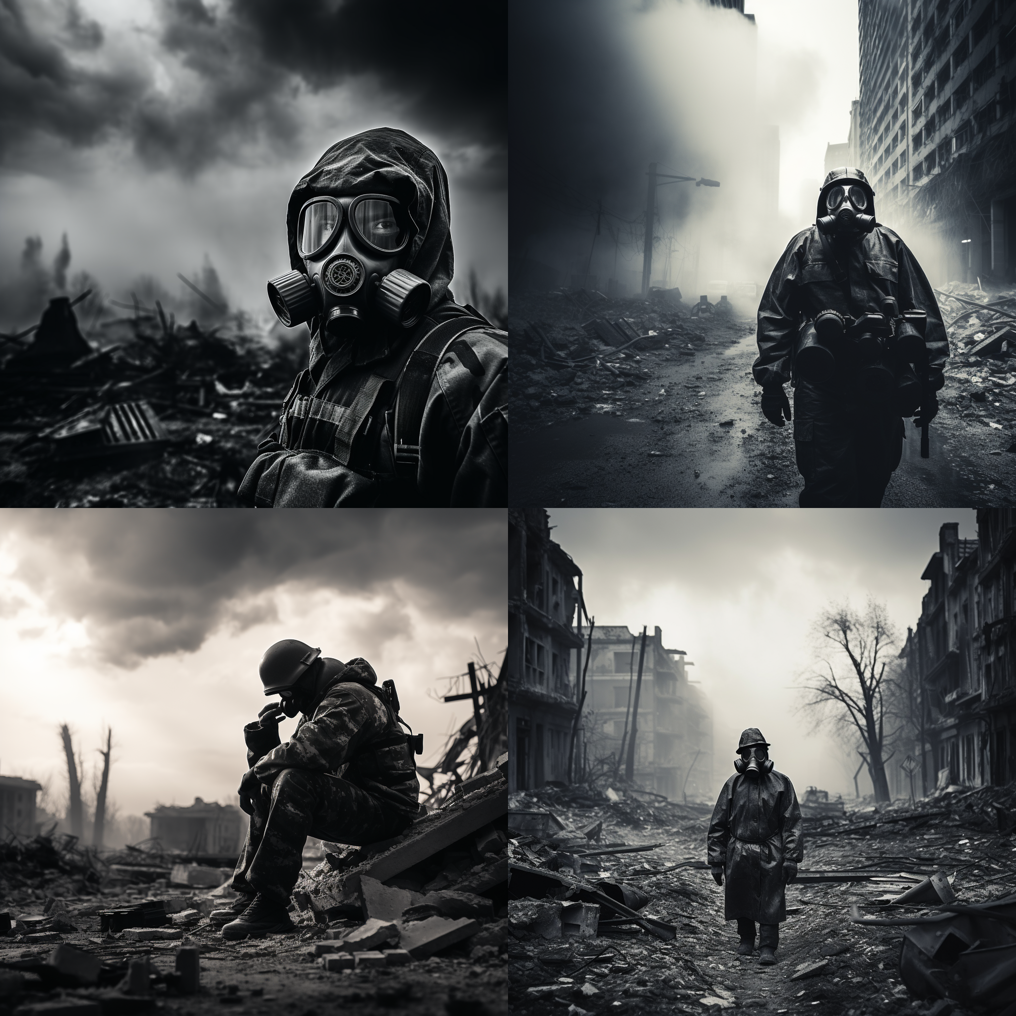 核世界大战，废墟城市背景，黑白摄影，超现实风格，长焦镜头，低角度，逆光，烟雾弥漫，孤独士兵，防护服，绝望表情，冷色调，毁灭感。