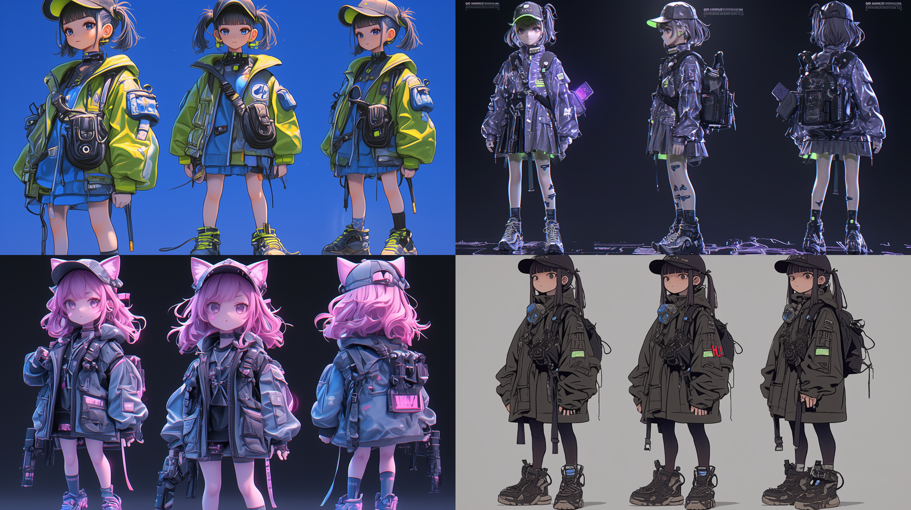 全身体，3d玩具ip，赛博朋克主题，超级可爱的三头身女孩，激光质感服装，简洁背景，正面、侧面、背面三视图，戴赛博朋克风格帽子，穿赛博朋克风格衣服和鞋子，科技元素，赛博朋克风格背景，站立姿势，pop mart超级可爱ip，hbi模型，盲盒玩具，ip设计，精细光泽，干净背景，c4d，3d渲染，oc渲染，最高质量，4k超细节，pop市场玩具，自然光照明，