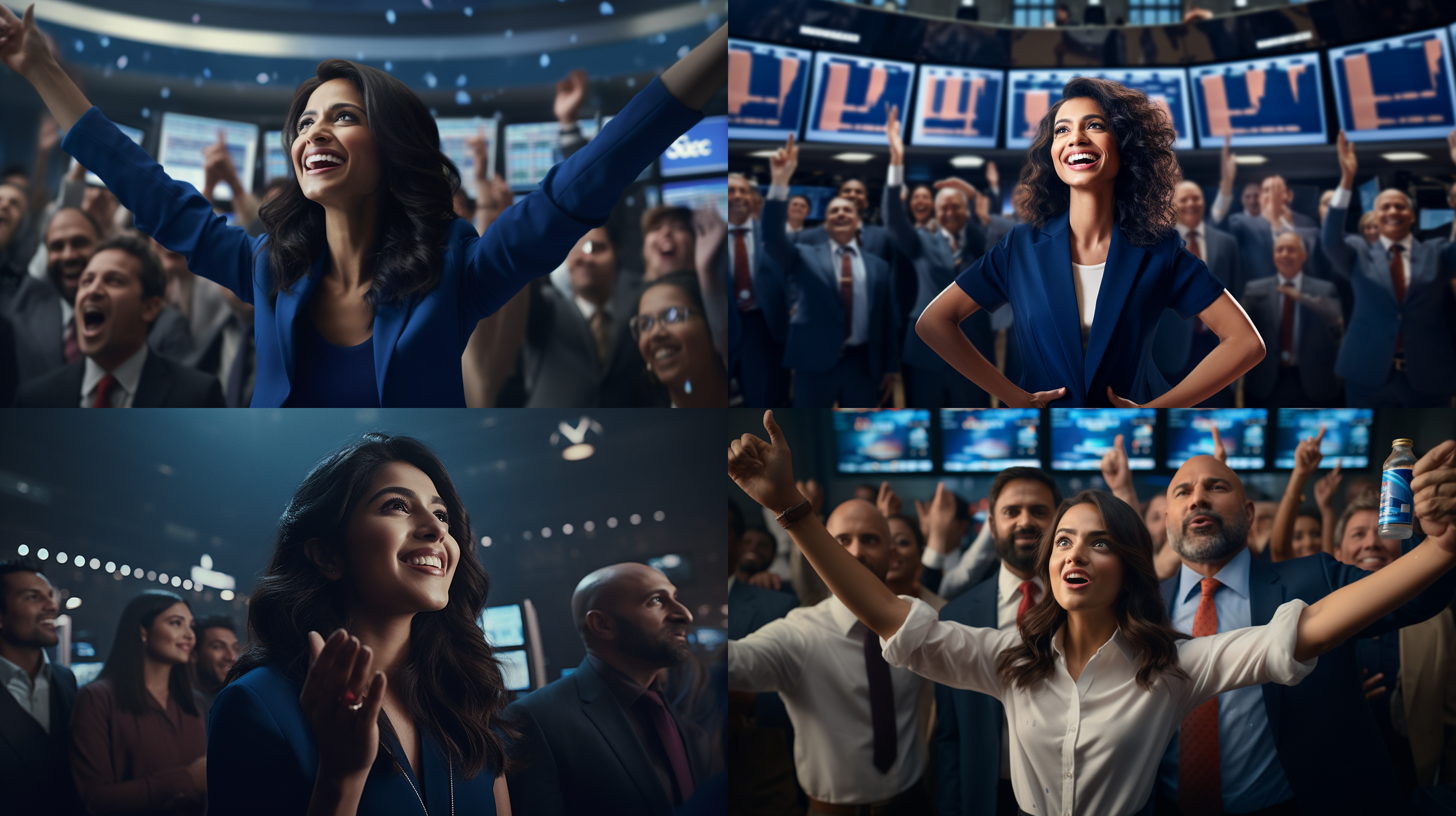 纽约证交所平台，印度裔女性美国公司高管站在中间，满脸笑容看向前方，挥手致意。身旁是一群各种肤色的人们冲着她鼓掌，身后是蓝底白字的白百事可乐logo，超清细节、大场面、8k画质 爱德华诺顿