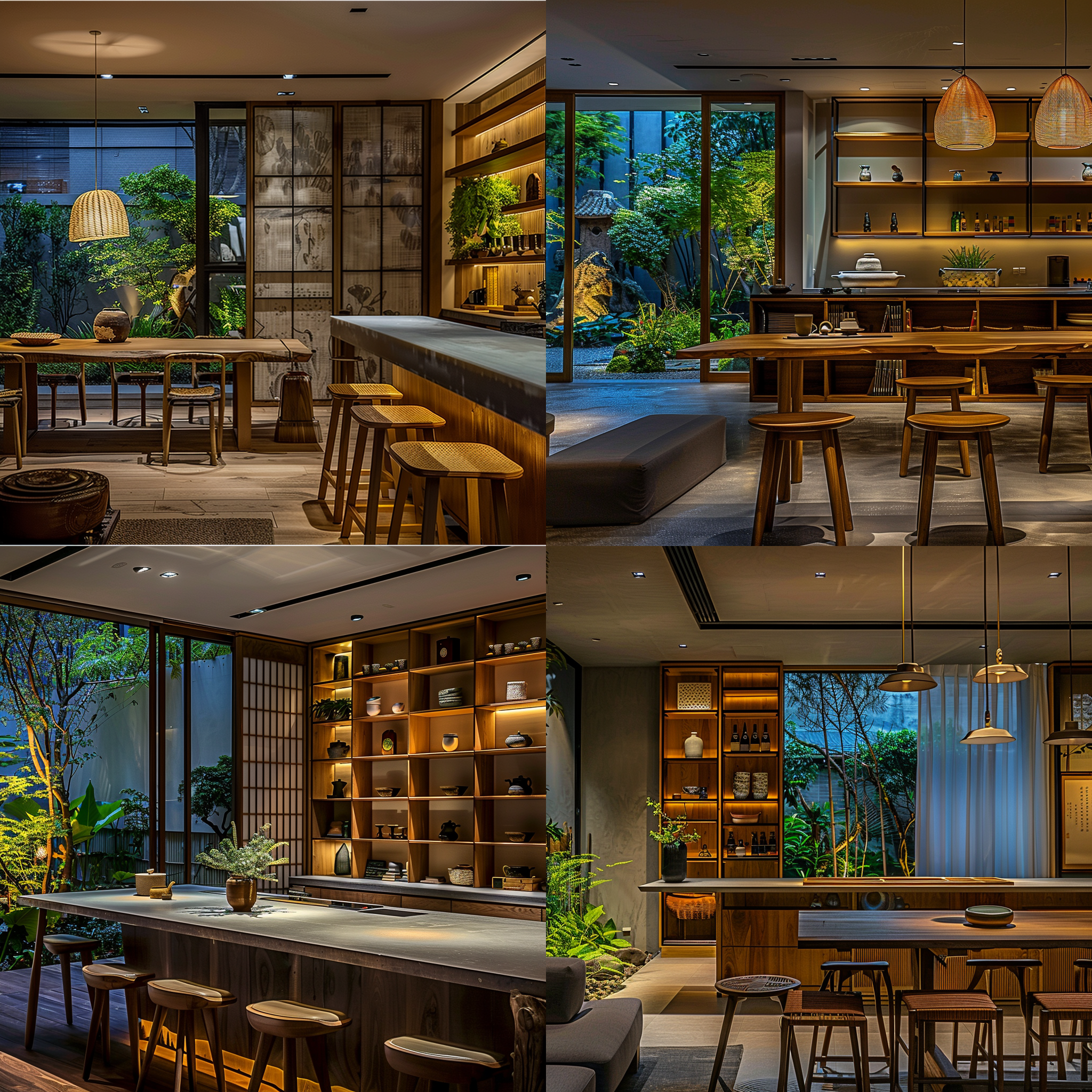 禅意茶室，复古风格，中式家具，书架，绿植，大吧台，折叠窗，氛围灯光，超逼真，室内环境，茶桌，大吧台，高脚凳，空间感，暖色调，宁静，氛围感照明，禅宗室内，装饰艺术。