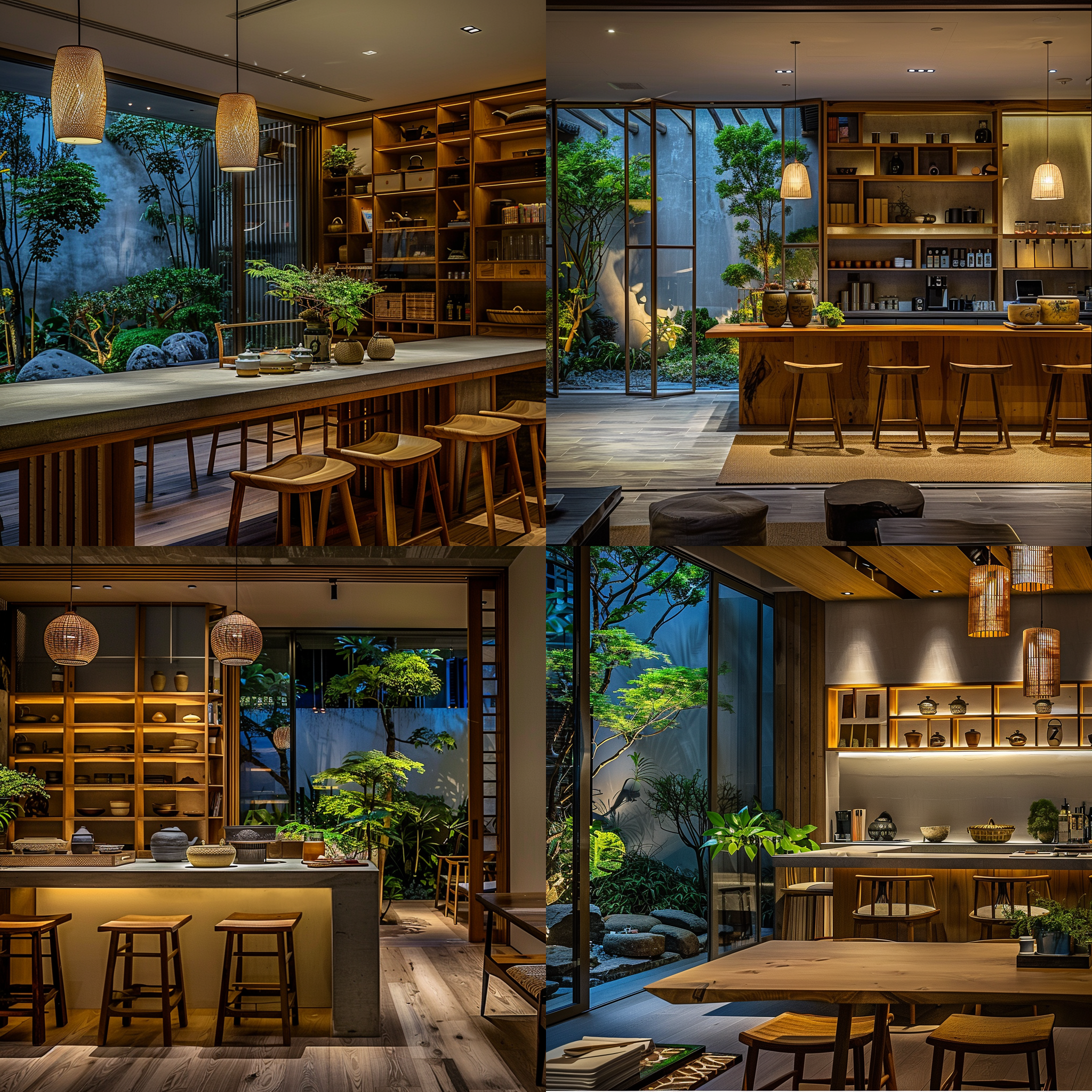 禅意茶室，复古风格，中式家具，书架，绿植，大吧台，折叠窗，氛围灯光，超逼真，室内环境，茶桌，大吧台，高脚凳，空间感，暖色调，宁静，氛围感照明，禅宗室内，装饰艺术。