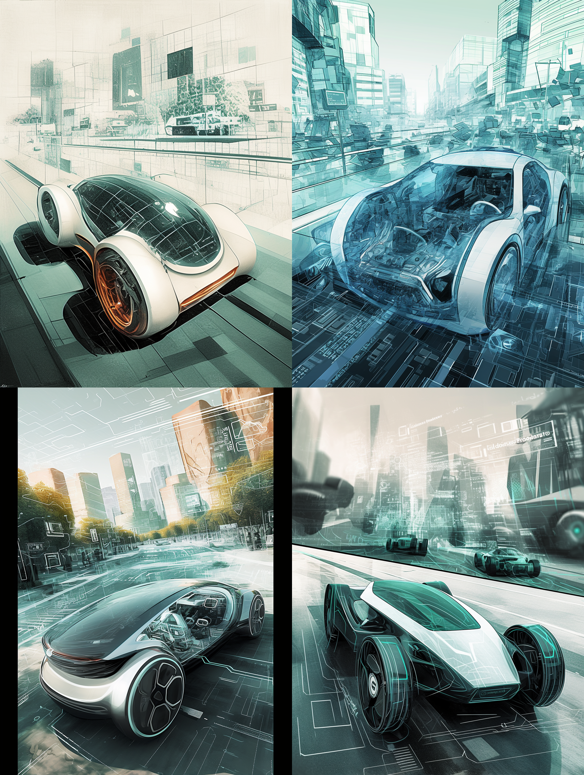 自动驾驶车辆，科技感环绕，未来移动解决方案，未来主义风格，铅笔在艺术板上描绘，多角度展示，机械风格，工业设计，文字注释，结构线条，精细草图，宽银幕格式，逼真细节，俏皮形状，马克笔上色，丰富细节，完整布局，高光阴影，透视精确，动态构图，金属质感，未来都市背景，冷色调，科技感光影，流畅线条，创新设计。