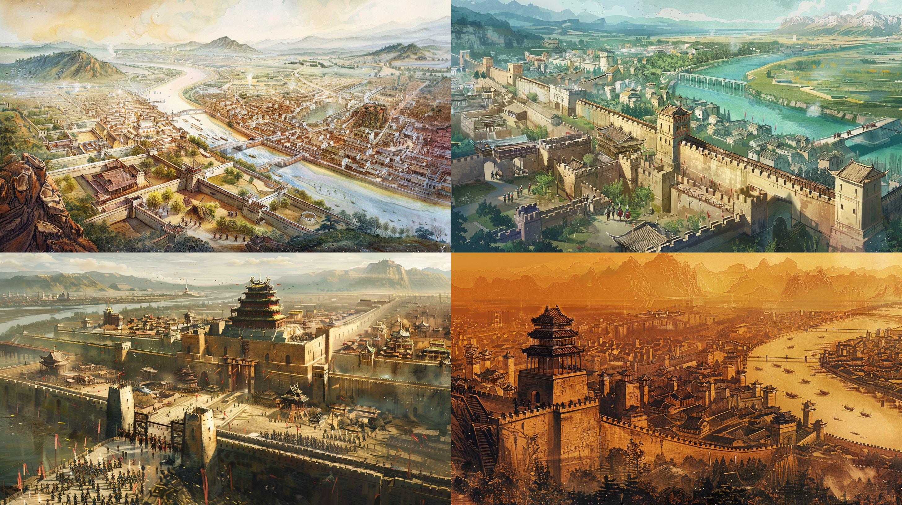 中国水墨插画，唐朝，传统服饰，丰富颜色，高空视图 城墙高耸，城门紧闭，护城河环绕，城楼上士兵巡逻 河流，远山