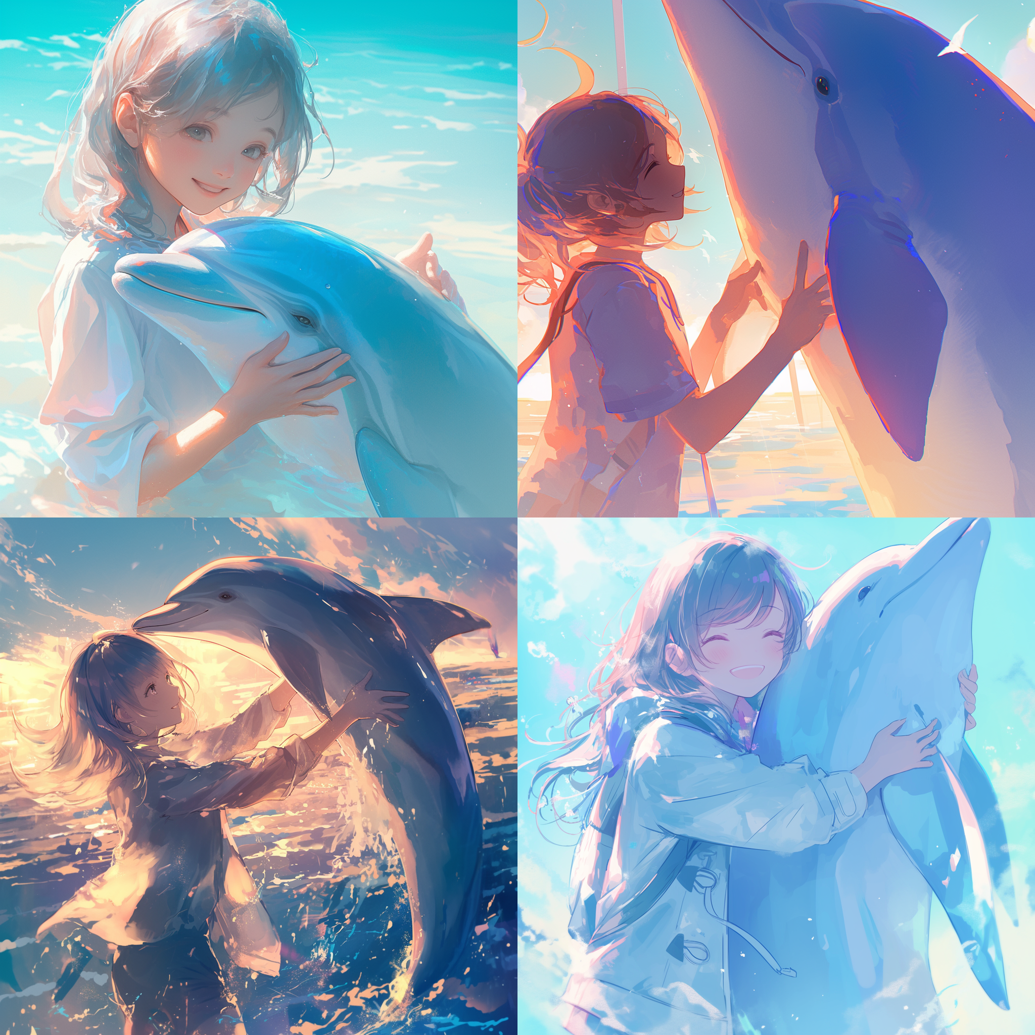 少女与海豚，中央构图，梦幻风格，海边，冷色调，长焦镜头，逆光，柔焦效果，微笑，温柔。